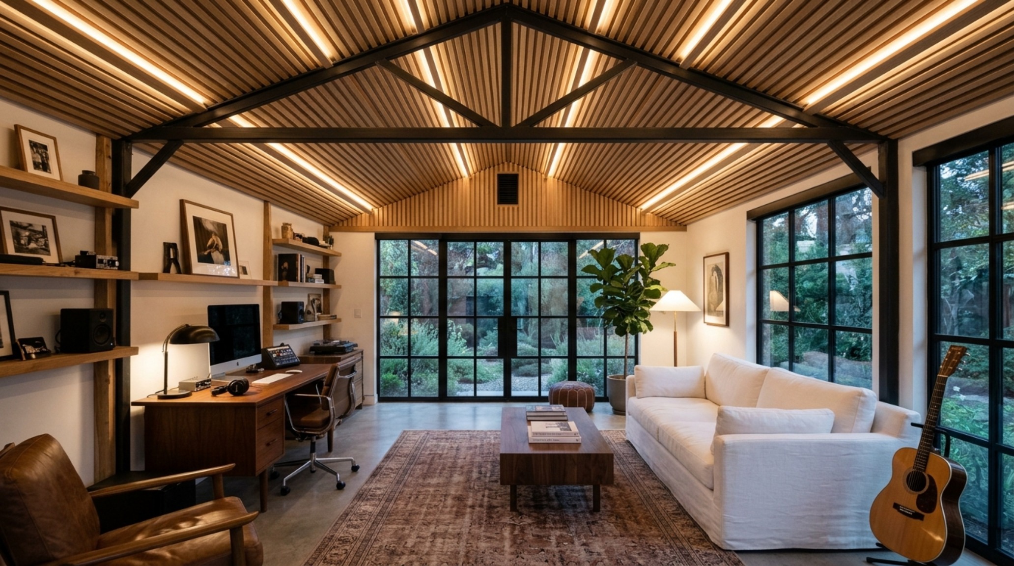 Interior view of a Costco Titan shed showing a custom-installed vertical white oak slatted ceiling with integrated 2700K LED warm lighting.