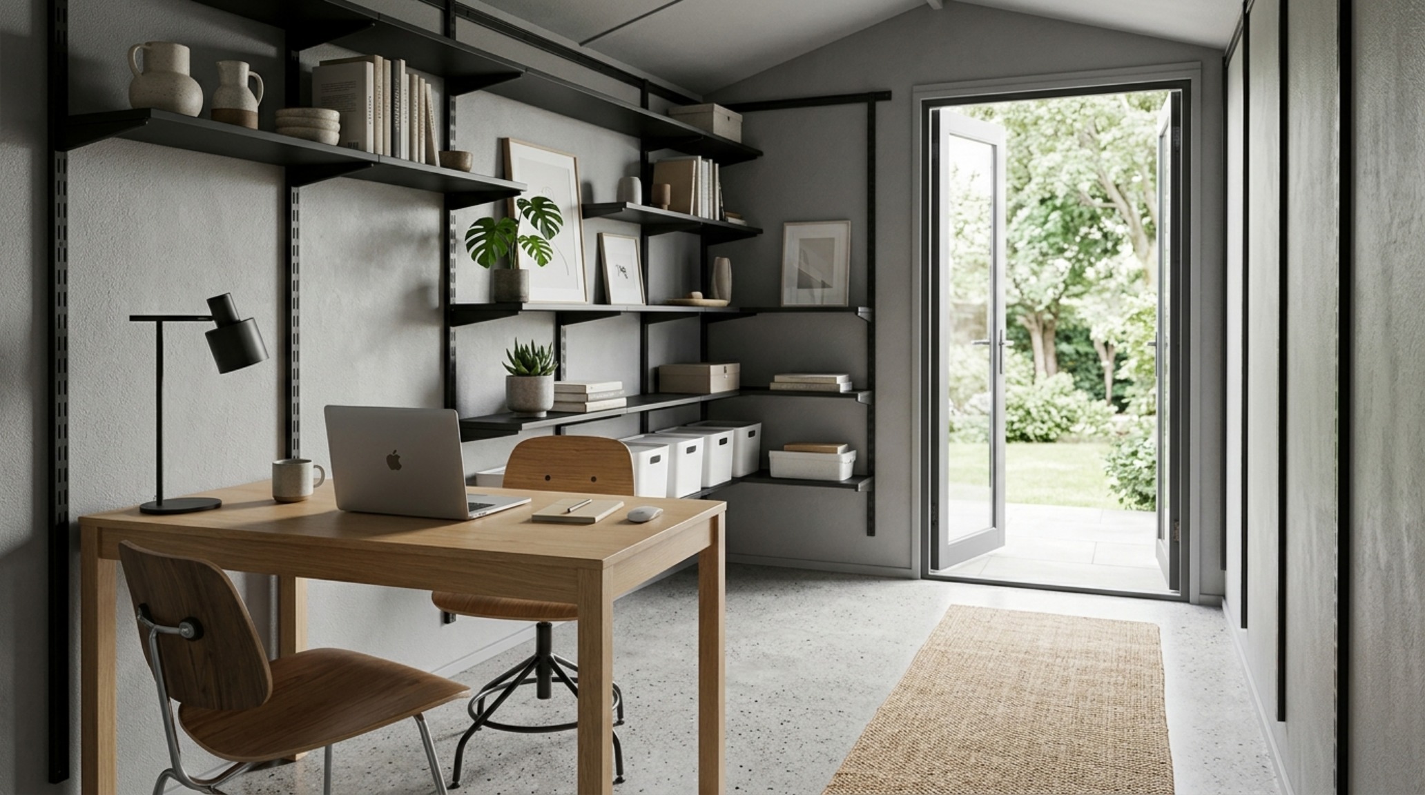 Efficient backyard studio layout inside a resin shed featuring modular vertical wall tracks and 36-inch clear walkway paths for ergonomic flow.