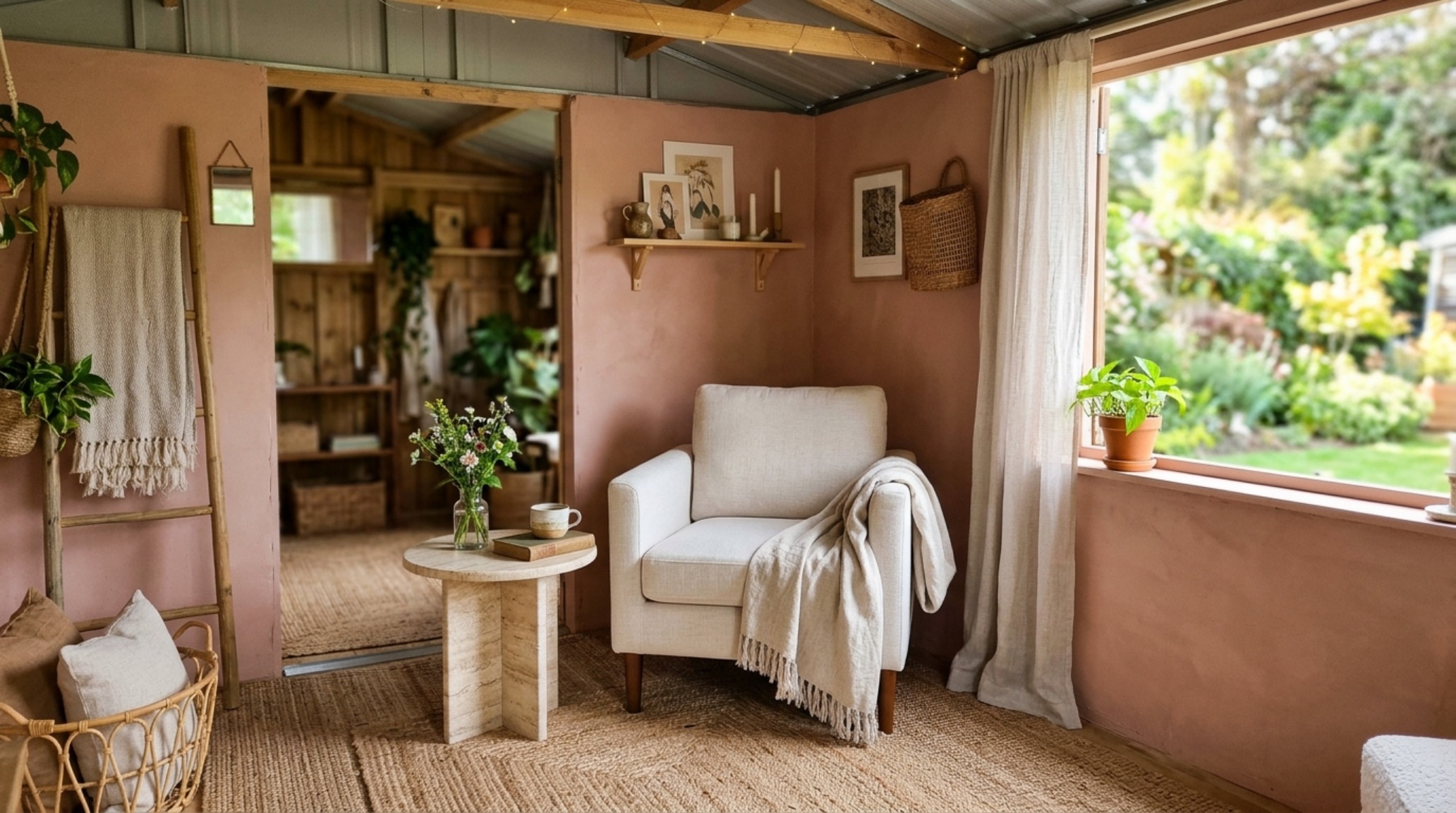 A cozy studio interior inside a Costco Titan shed with a plush jute rug, linen-wrapped storage bins, and a honed travertine side table.