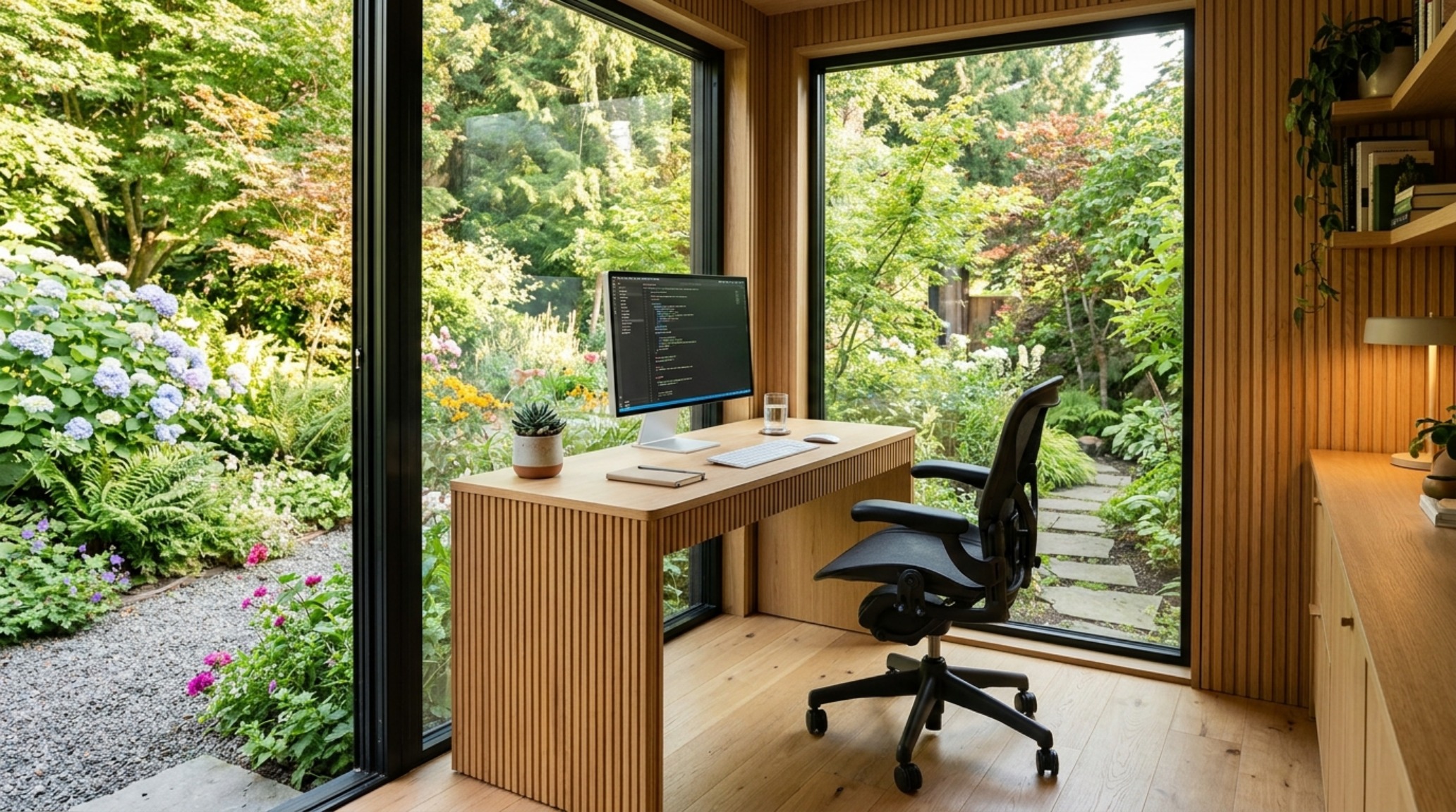 Sun-drenched home office setup in a Costco Titan shed featuring a fluted oak desk and biophilic elements near the window.