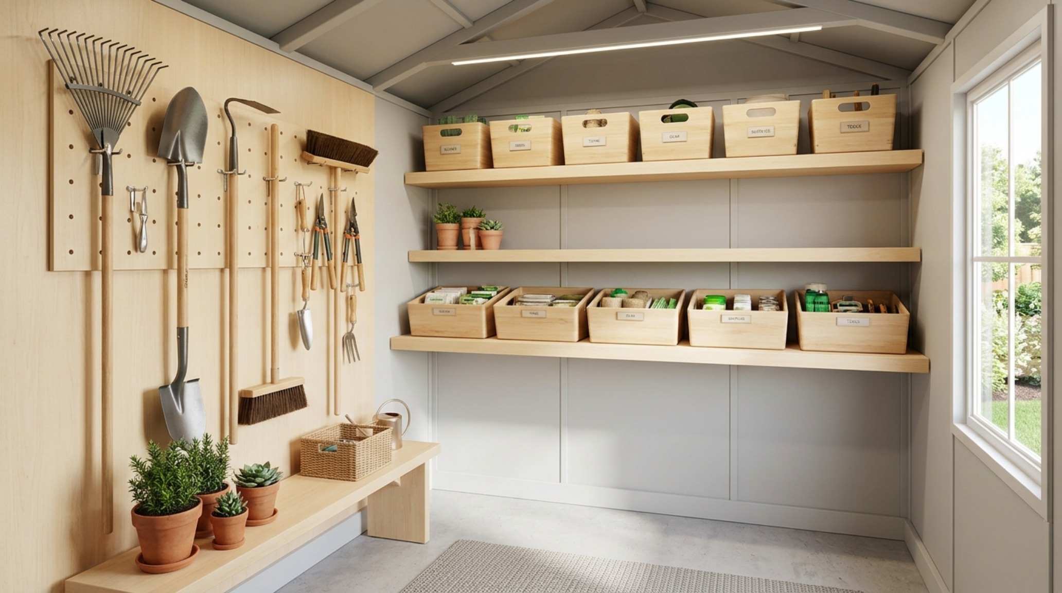 Aesthetic resin shed organization hacks featuring uniform wooden crates and a 'hidden storage' philosophy for a clean, minimalist look.