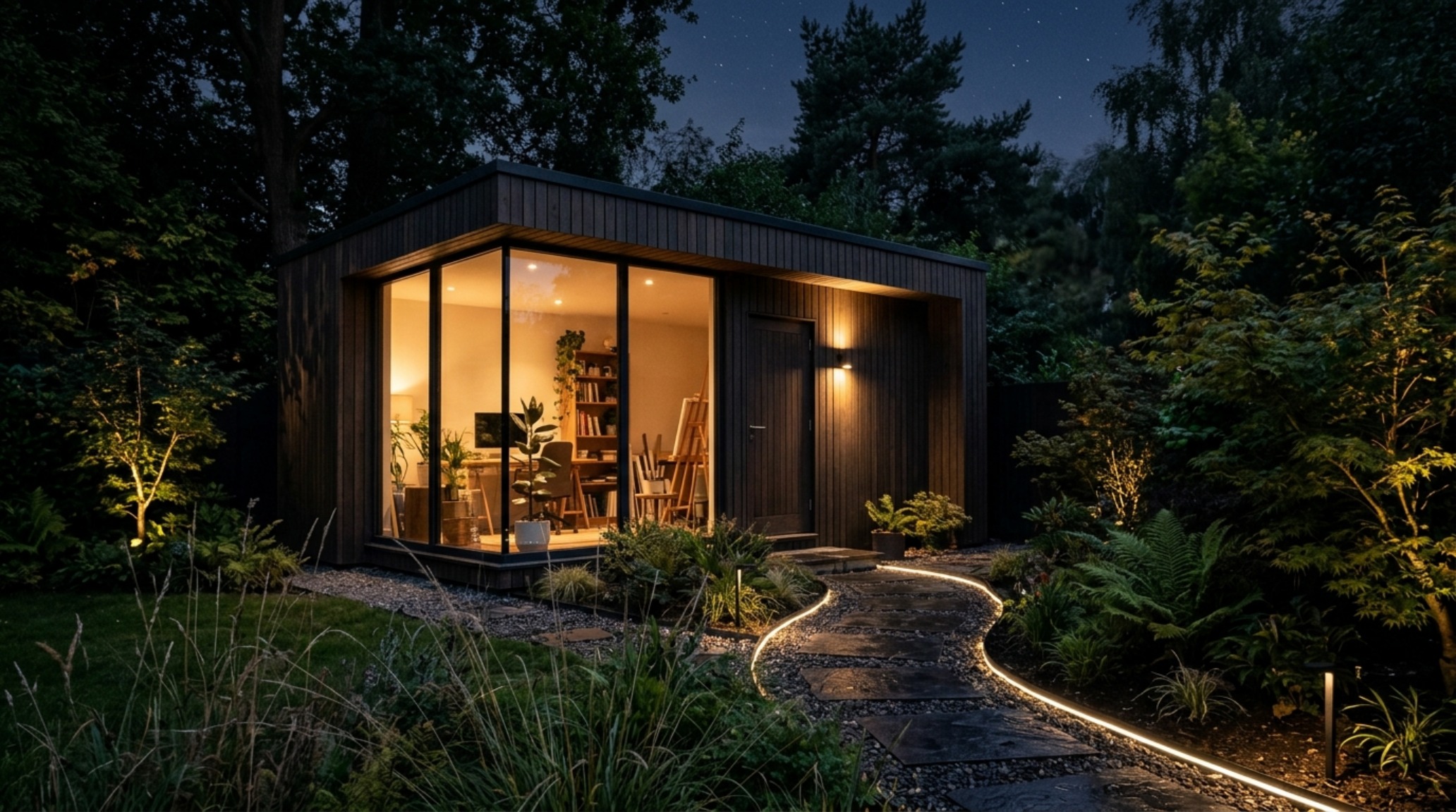 Evening shot of a Costco Titan shed with diffused 3000K task lighting visible through the door, creating a glowing architectural focal point.