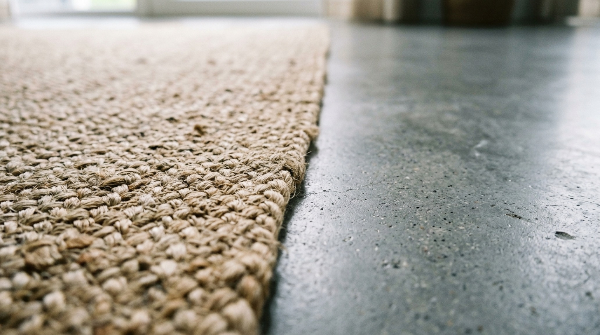 Detailed shot of floor textures including a natural jute rug over a resin shed floor, demonstrating tactile grounding in a small space.