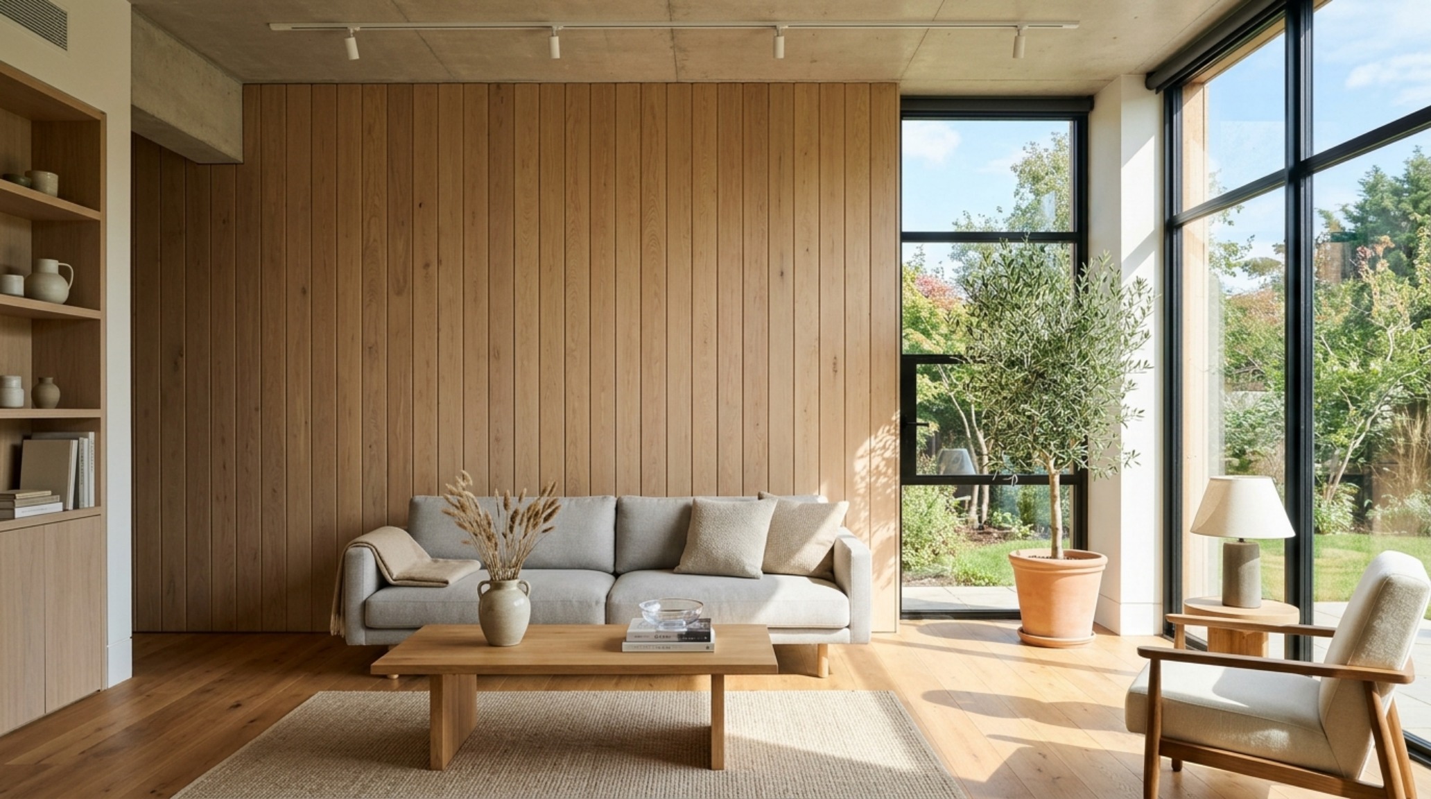 A modern living room with floor-to-ceiling white shiplap walls and warm oak flooring, demonstrating the property brothers never paint walls decor ideas. A modern living room with floor-to-ceiling white shiplap walls and warm oak flooring, demonstrating the property brothers never paint walls decor ideas.
