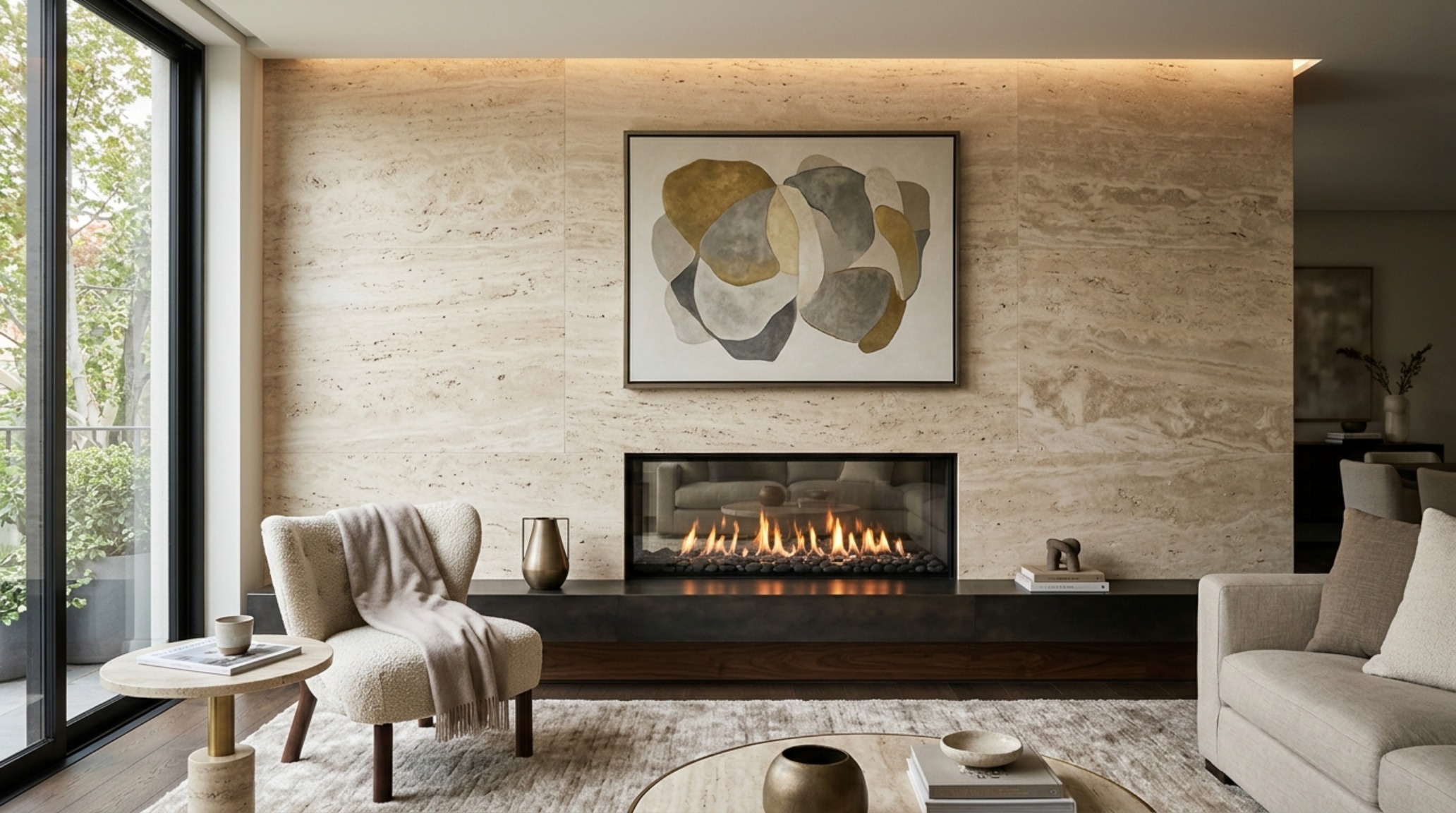 Close-up of a fireplace feature wall clad in honed travertine stone with soft 2700K accent lighting from above. Close-up of a fireplace feature wall clad in honed travertine stone with soft 2700K accent lighting from above.