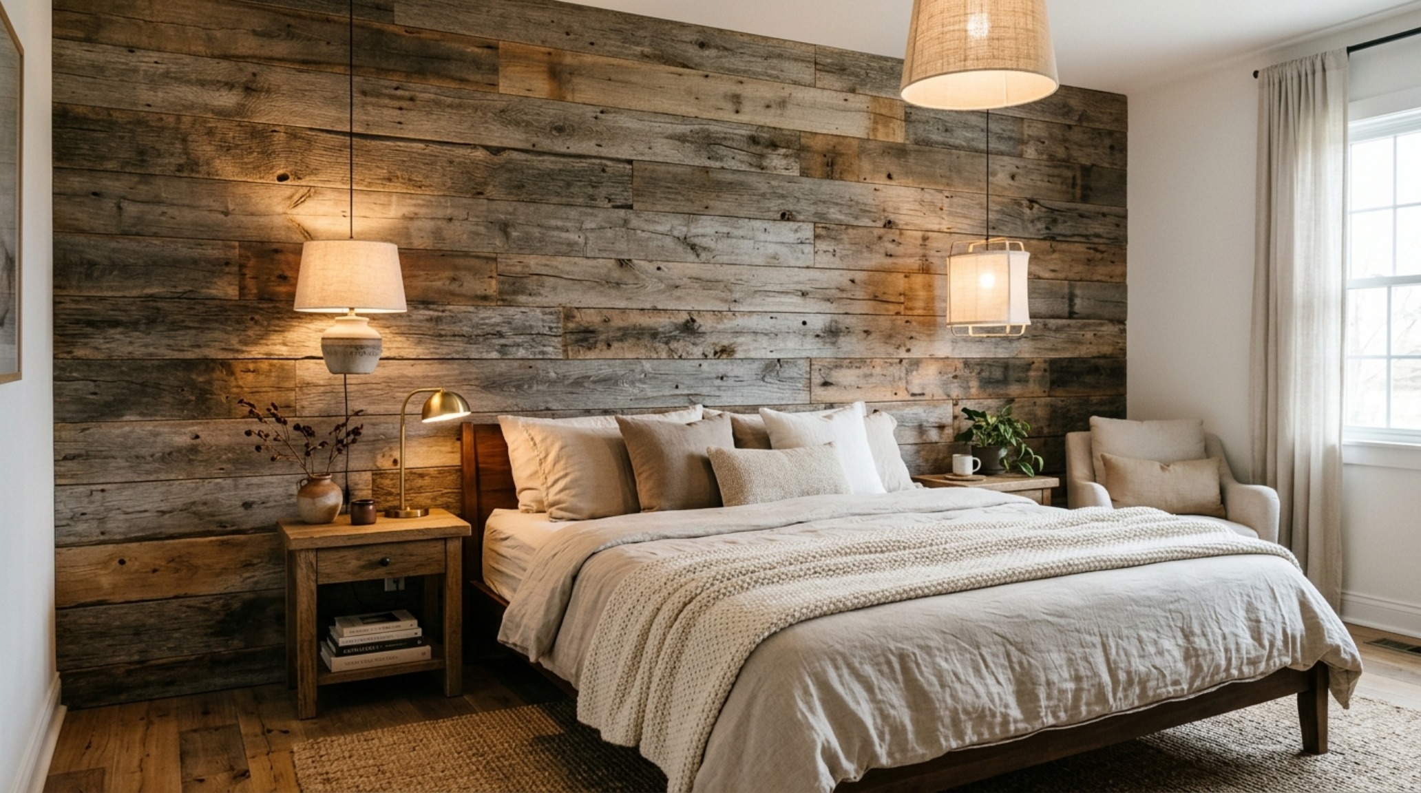 Master bedroom featuring a headboard wall of reclaimed timber planks, illustrating high-end interior wall treatments for a cozy organic modern feel. Master bedroom featuring a headboard wall of reclaimed timber planks, illustrating high-end interior wall treatments for a cozy organic modern feel.