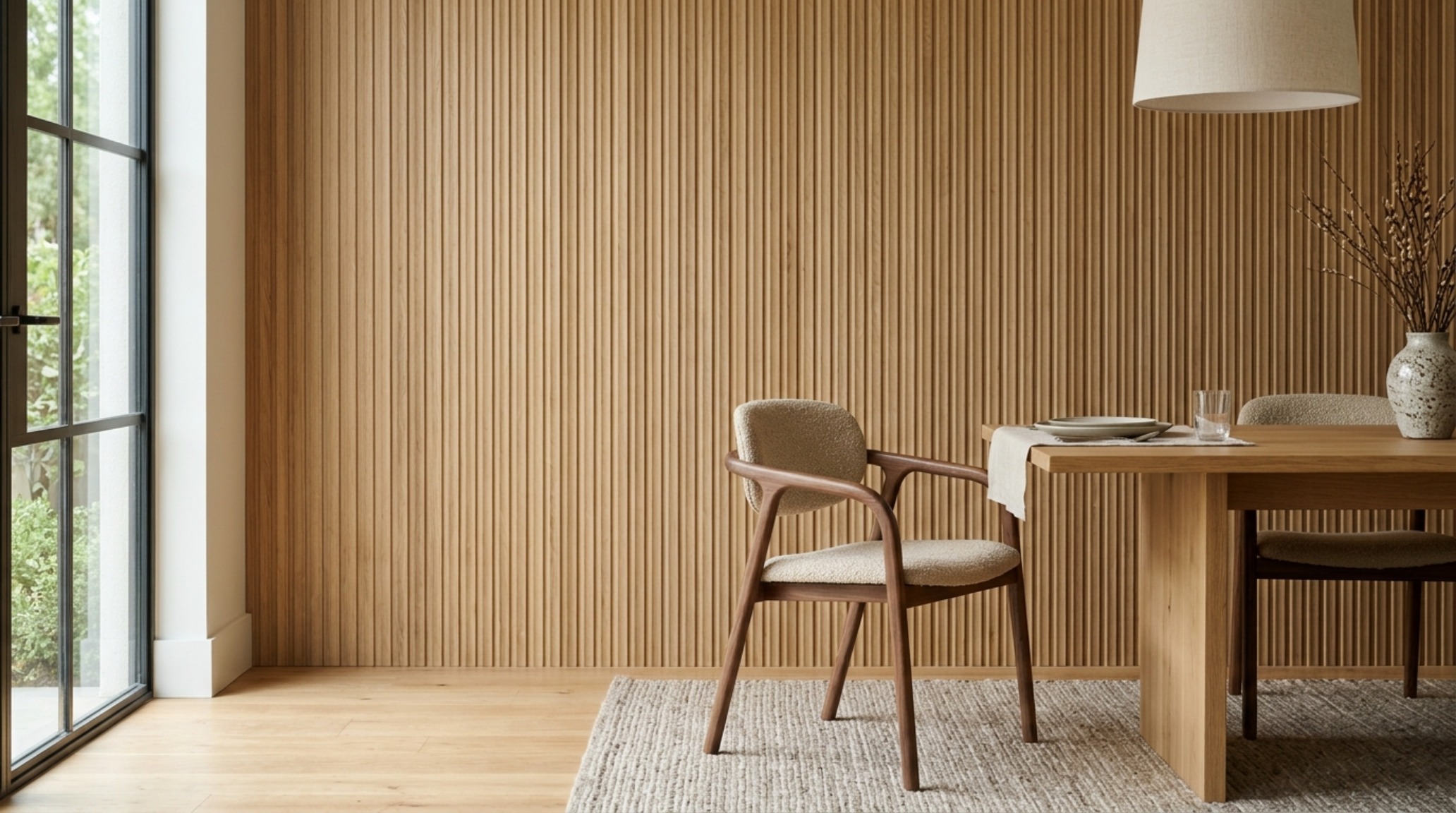 Architectural detail of fluted white oak wall panels in a dining room with 30-inch chair clearance and 90+ CRI lighting. Architectural detail of fluted white oak wall panels in a dining room with 30-inch chair clearance and 90+ CRI lighting.