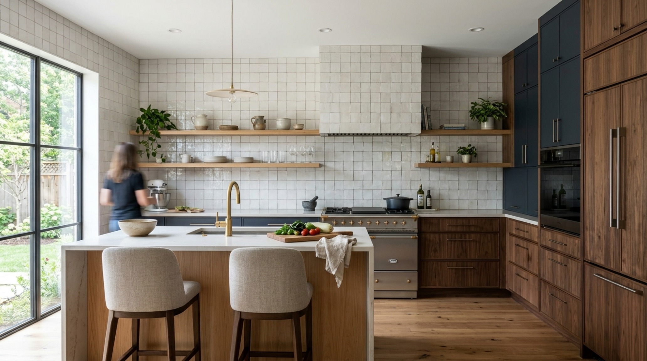 Gourmet kitchen with a textured Roman clay backsplash and natural stone countertops, highlighting Property Brothers design rules for materiality. Gourmet kitchen with a textured Roman clay backsplash and natural stone countertops, highlighting Property Brothers design rules for materiality.