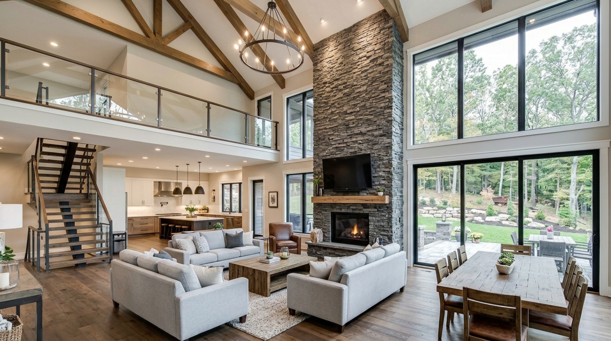 Living area featuring a floor-to-ceiling slate stone veneer wall behind a neutral sofa, emphasizing spatial cadence and resale value. Living area featuring a floor-to-ceiling slate stone veneer wall behind a neutral sofa, emphasizing spatial cadence and resale value.