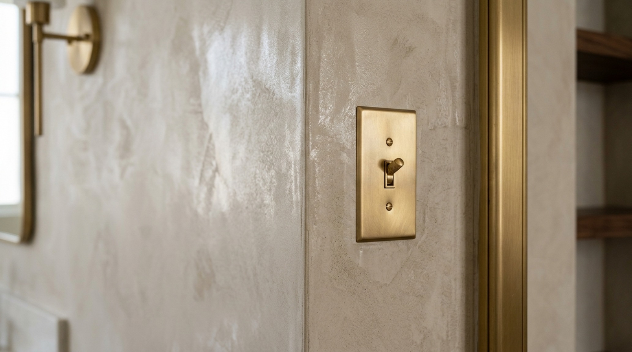 Detail shot of brushed brass wall sconces against a limewash plaster wall, showcasing atmospheric 2700K lighting and tactile textures. Detail shot of brushed brass wall sconces against a limewash plaster wall, showcasing atmospheric 2700K lighting and tactile textures.
