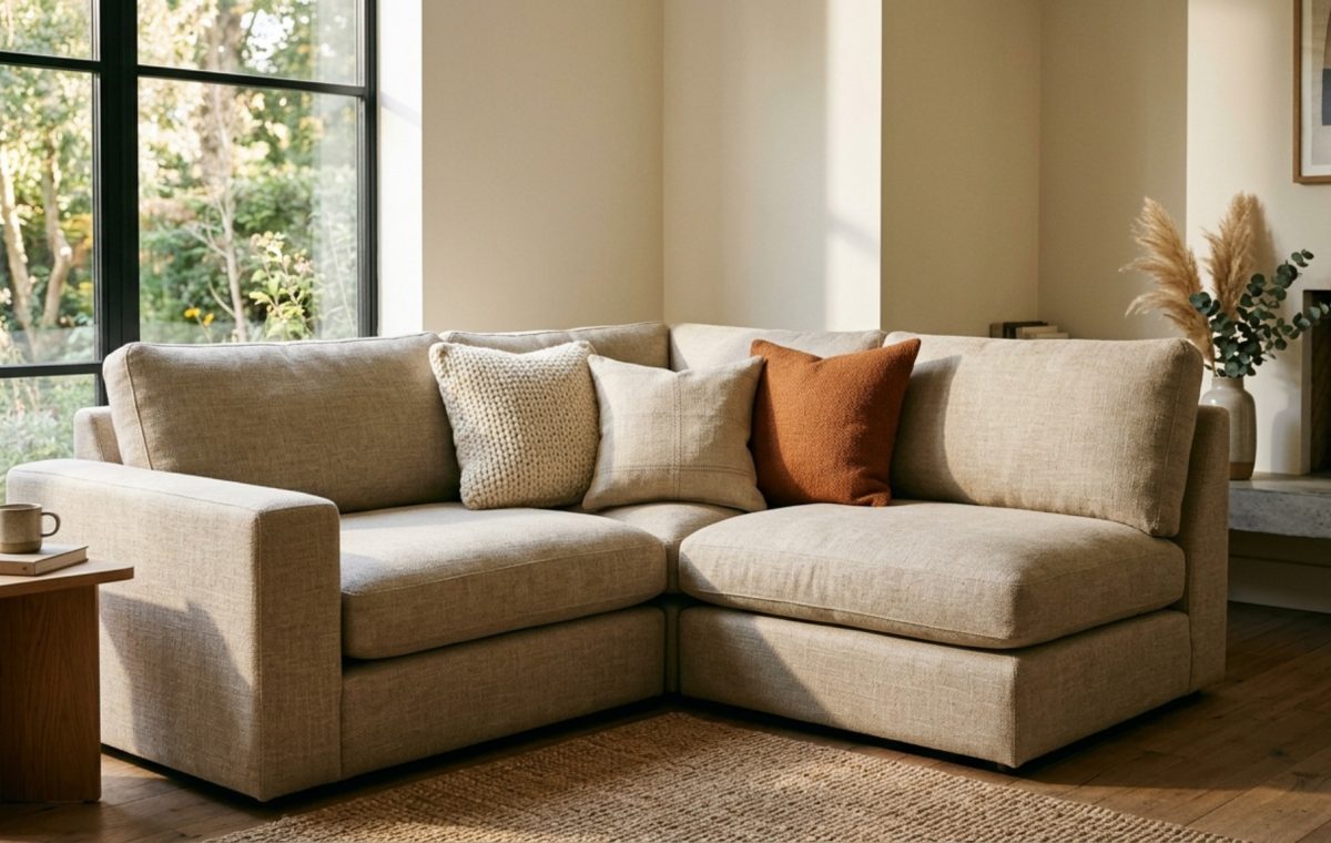 how to arrange pillows on a sectional featuring a 24-inch anchor pillow in a deep corner with 90/10 down fill and Belgian linen upholstery