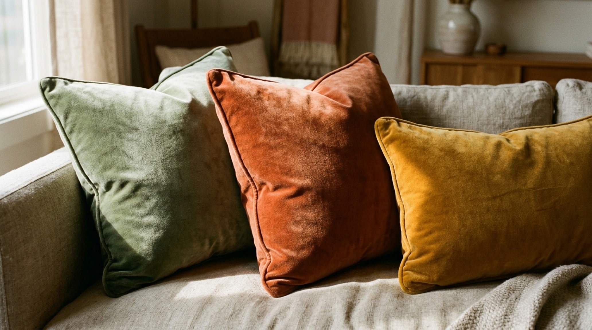 velvet accent pillows for sofa styled with high-CRI 90+ ambient lighting to emphasize fabric sheen and shading velvet accent pillows for sofa styled with high-CRI 90+ ambient lighting to emphasize fabric sheen and shading