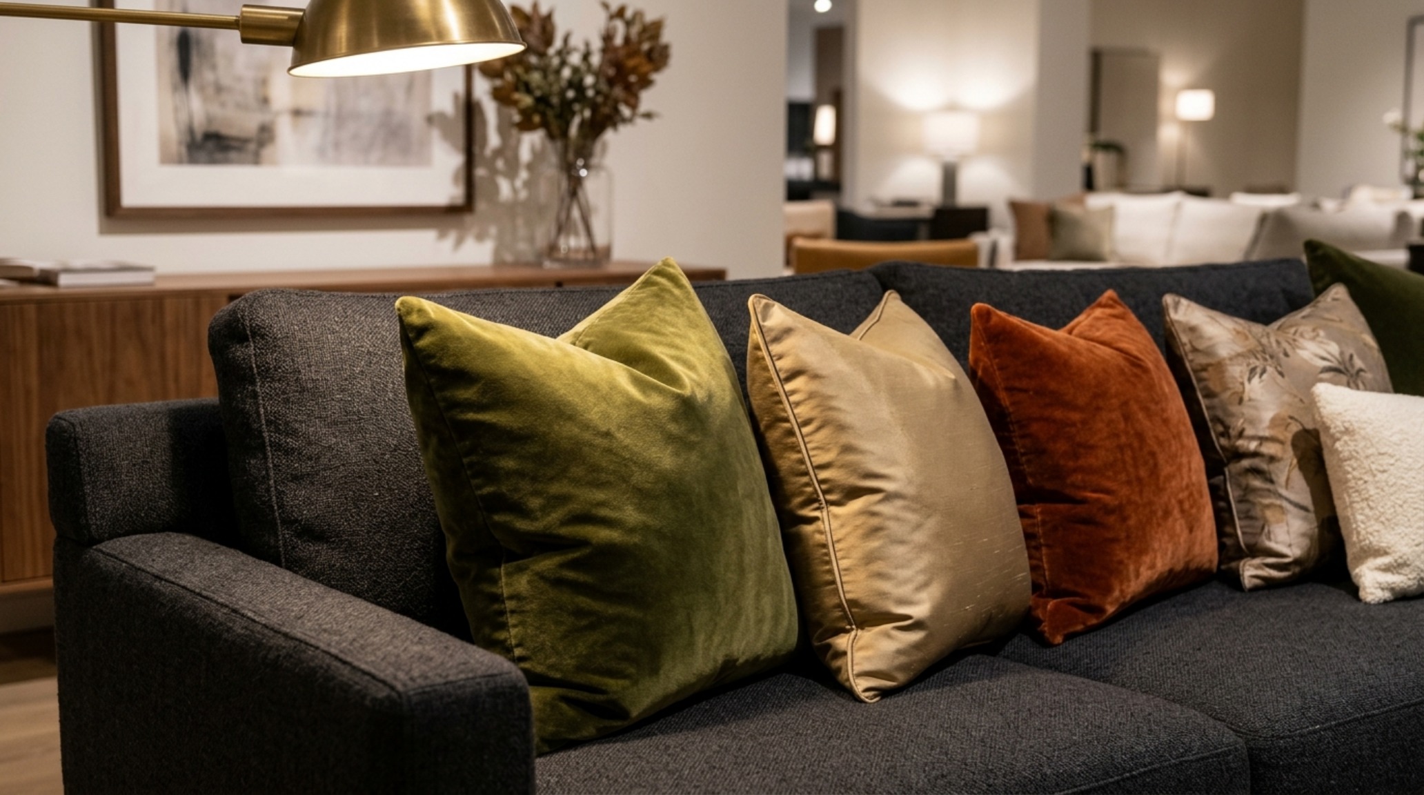 velvet accent pillows for sofa in muted sage and charcoal tones arranged with geometric cotton prints for textural contrast velvet accent pillows for sofa in muted sage and charcoal tones arranged with geometric cotton prints for textural contrast