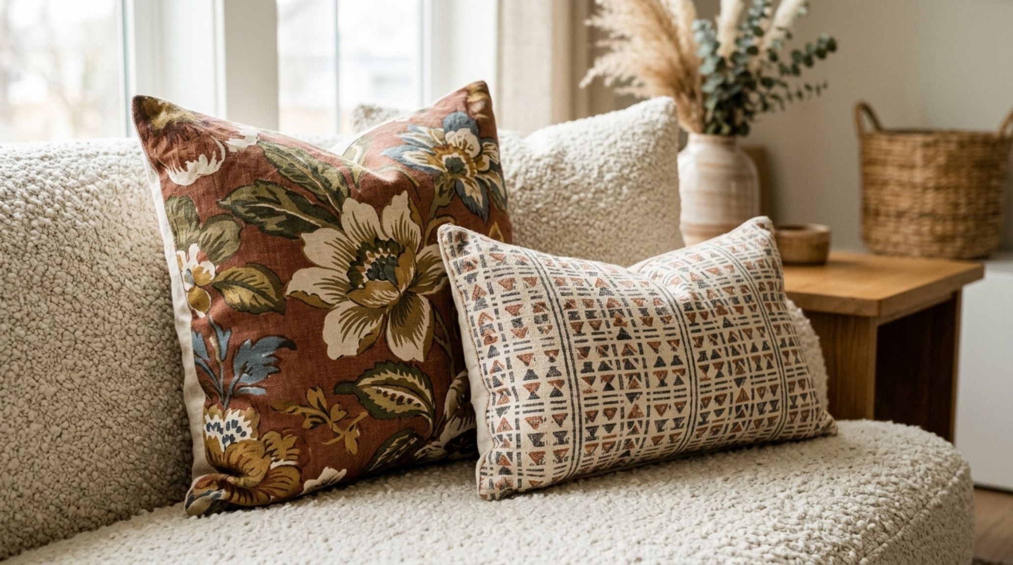 mixing pillow patterns and textures using a large-scale organic motif paired with a fine wool bouclé on a minimalist couch mixing pillow patterns and textures using a large-scale organic motif paired with a fine wool bouclé on a minimalist couch