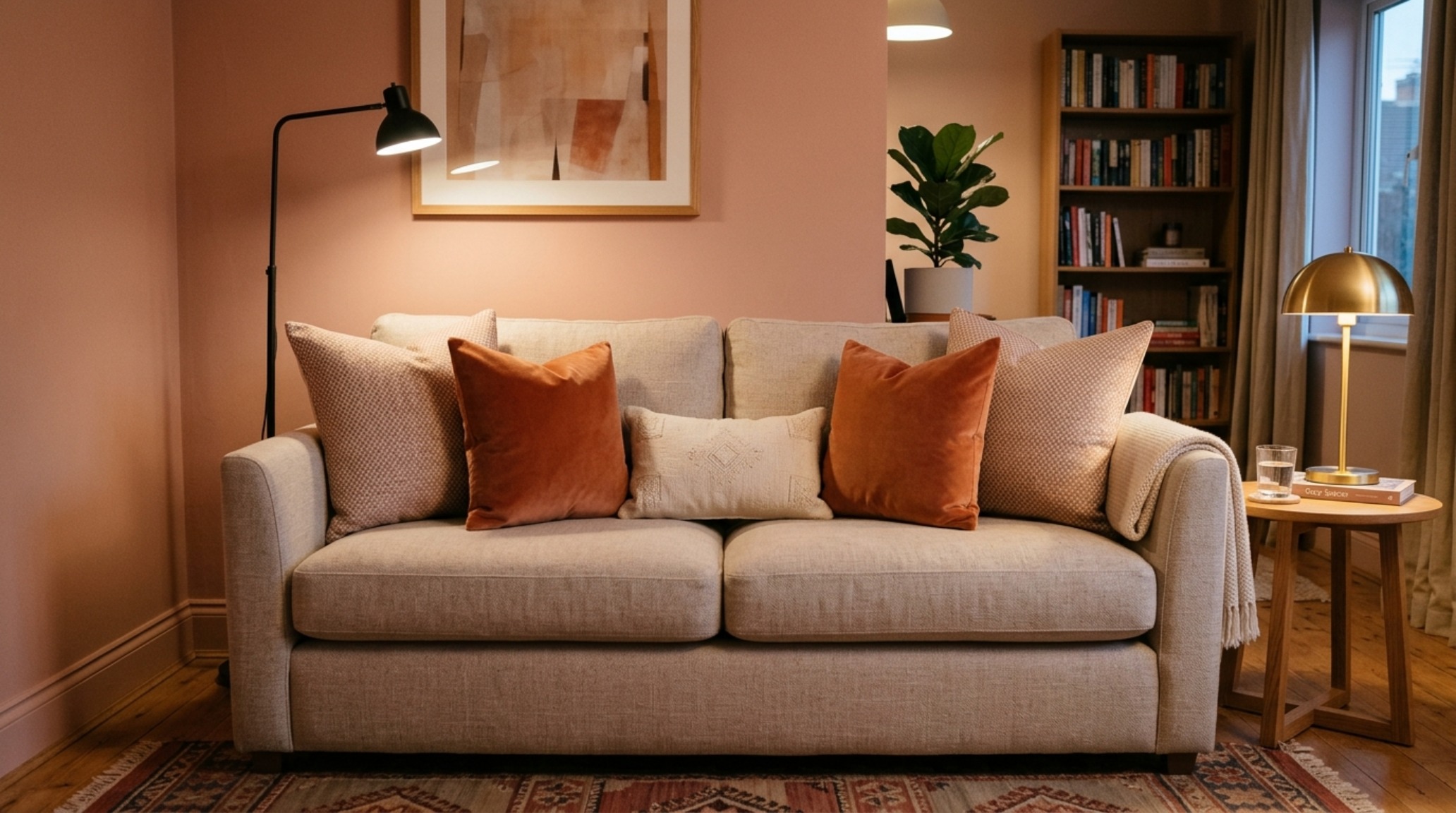 2-2-1 pillow arrangement formula on a contemporary loveseat highlighting 18-inch reach to a nearby marble coffee table 2-2-1 pillow arrangement formula on a contemporary loveseat highlighting 18-inch reach to a nearby marble coffee table
