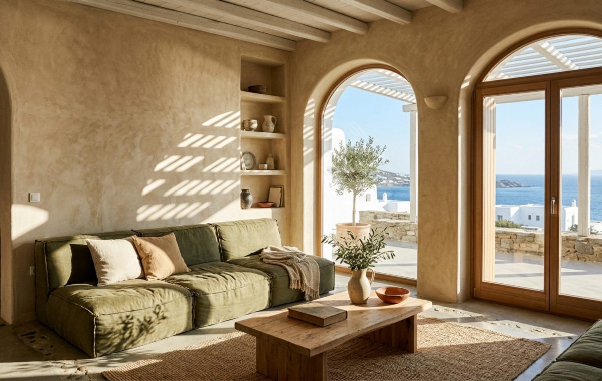 modern day greek architecture living room featuring tactile Kourasani plaster walls in Warm Alabaster with a low-profile olive linen sofa and 36-inch clear walkways