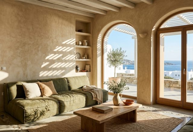 modern day greek architecture living room featuring tactile Kourasani plaster walls in Warm Alabaster with a low-profile olive linen sofa and 36-inch clear walkways