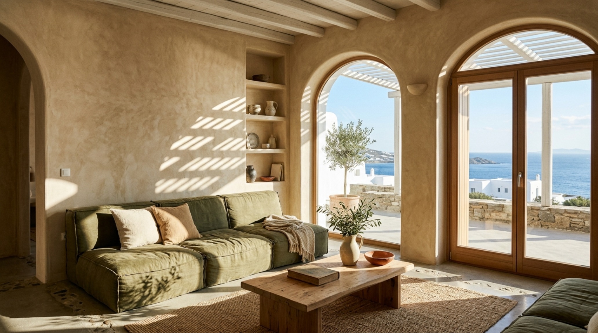 modern day greek architecture living room featuring tactile Kourasani plaster walls in Warm Alabaster with a low-profile olive linen sofa and 36-inch clear walkways modern day greek architecture living room featuring tactile Kourasani plaster walls in Warm Alabaster with a low-profile olive linen sofa and 36-inch clear walkways