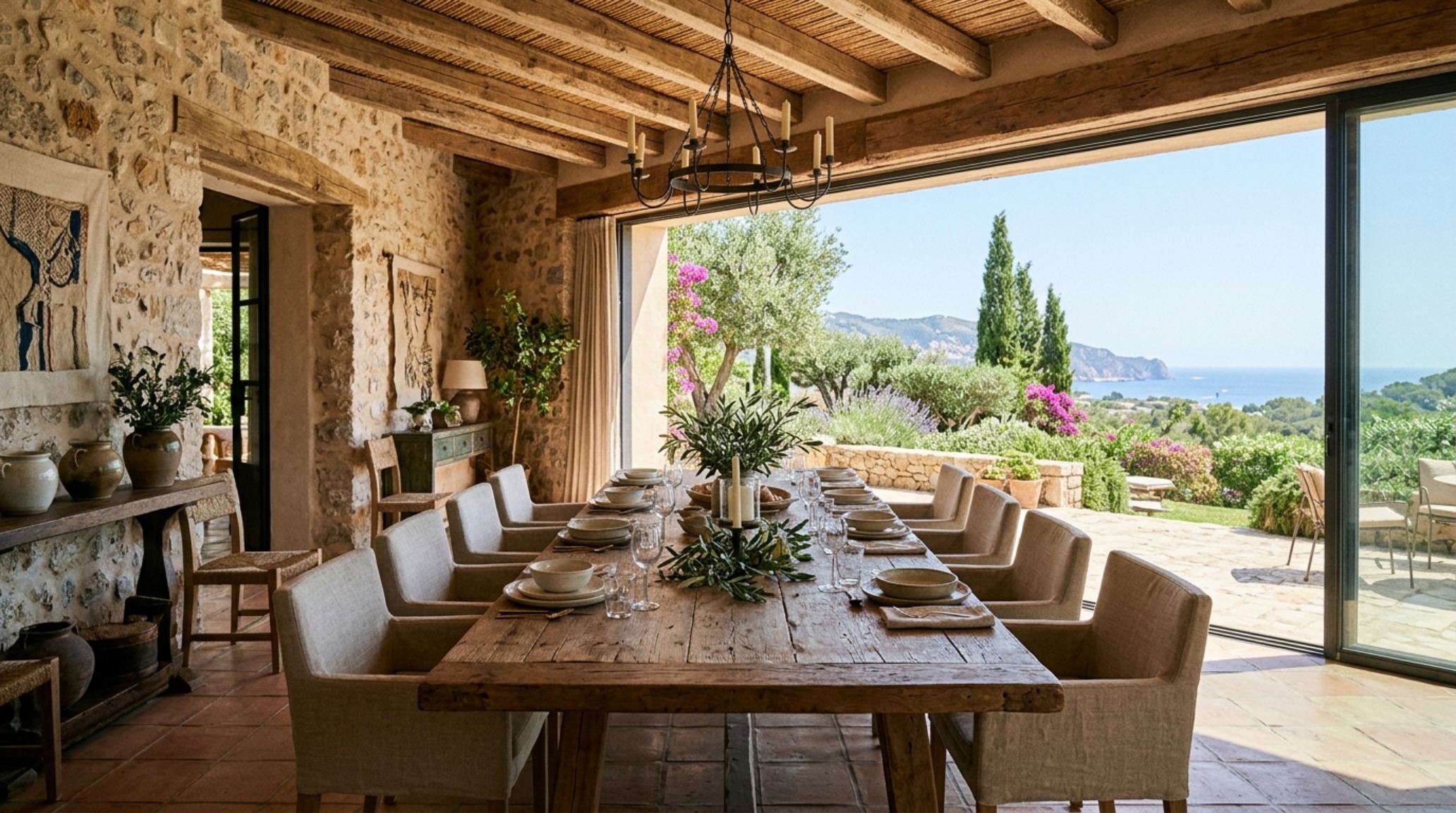 sustainable mediterranean architecture dining area with 30-inch chair clearance and a view framed by deep concrete overhangs sustainable mediterranean architecture dining area with 30-inch chair clearance and a view framed by deep concrete overhangs