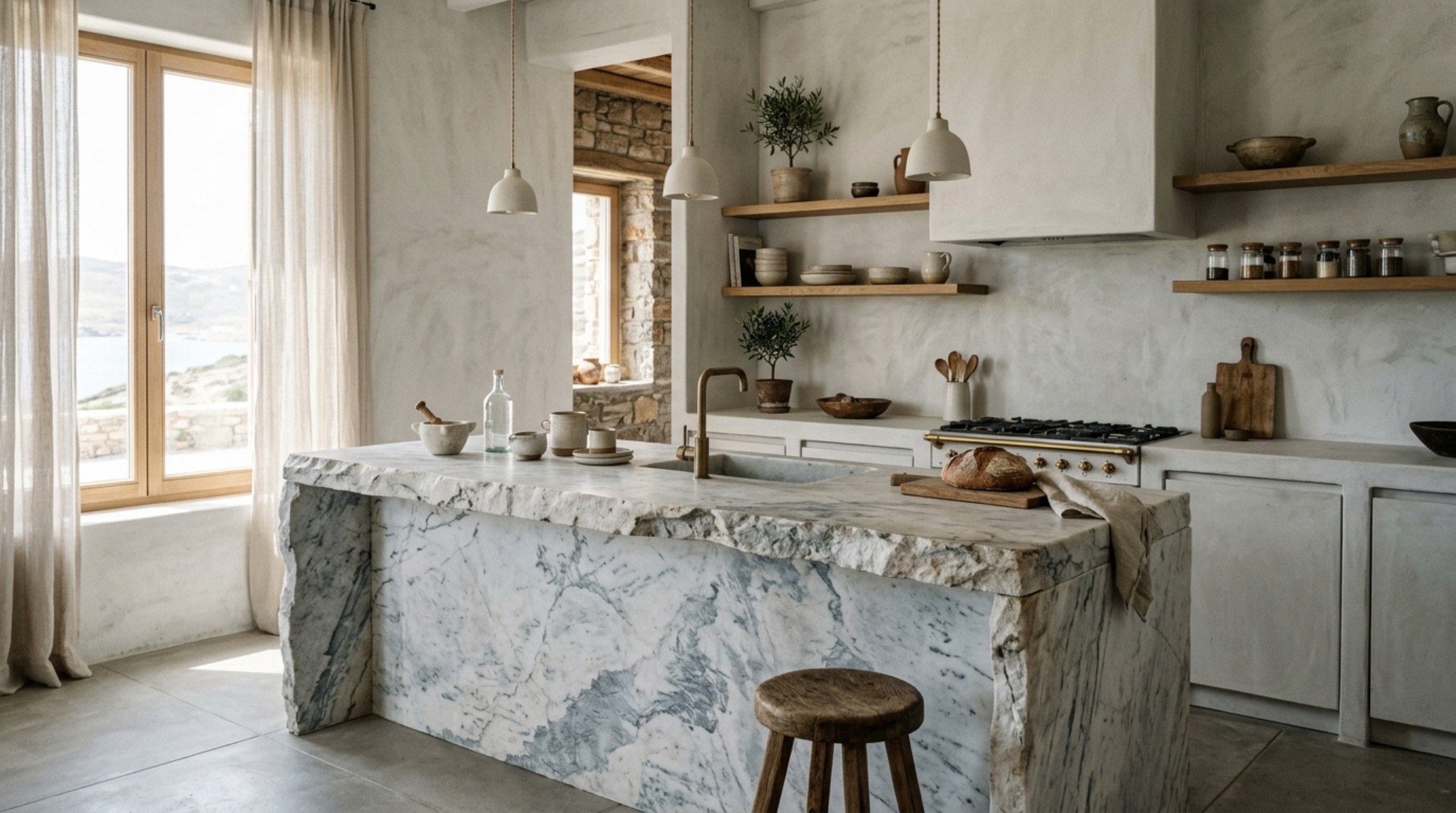 whitewashed concrete aesthetics in a contemporary kitchen with monolithic Naxian marble island and open shelving crafted from sun-bleached oak whitewashed concrete aesthetics in a contemporary kitchen with monolithic Naxian marble island and open shelving crafted from sun-bleached oak