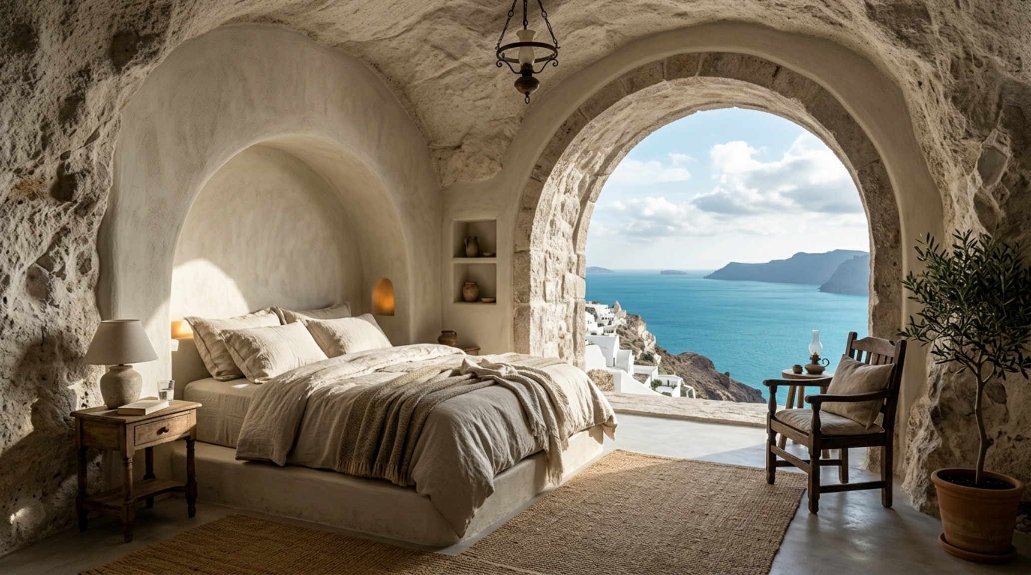 modern santorini home layouts showcasing an excavated bedroom with arched apertures and deep shadow play from the Mediterranean sun modern santorini home layouts showcasing an excavated bedroom with arched apertures and deep shadow play from the Mediterranean sun