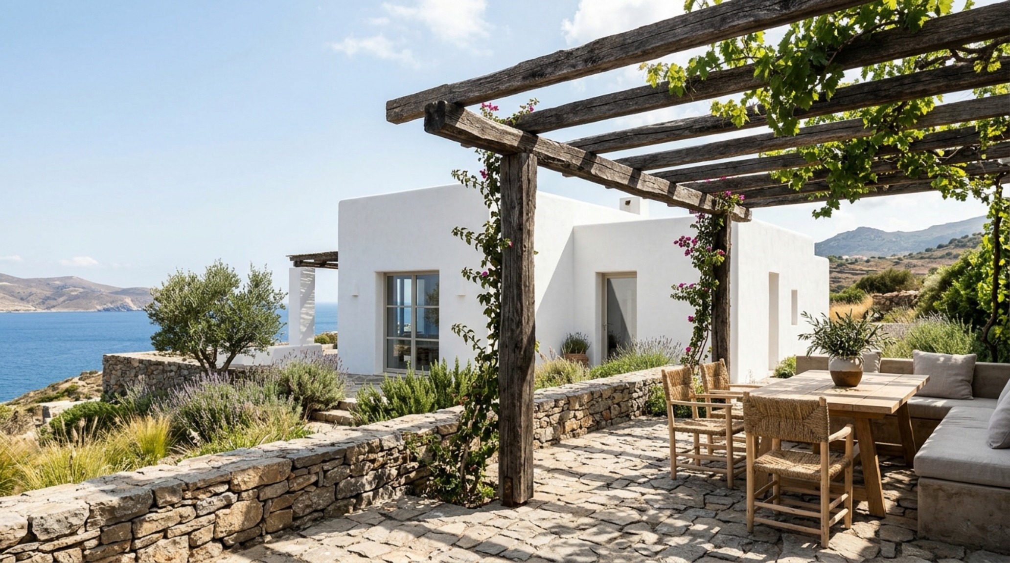sustainable mediterranean architecture featuring a dry-stack stone exterior terrace with a timber pergola and natural cross-ventilation sightlines sustainable mediterranean architecture featuring a dry-stack stone exterior terrace with a timber pergola and natural cross-ventilation sightlines