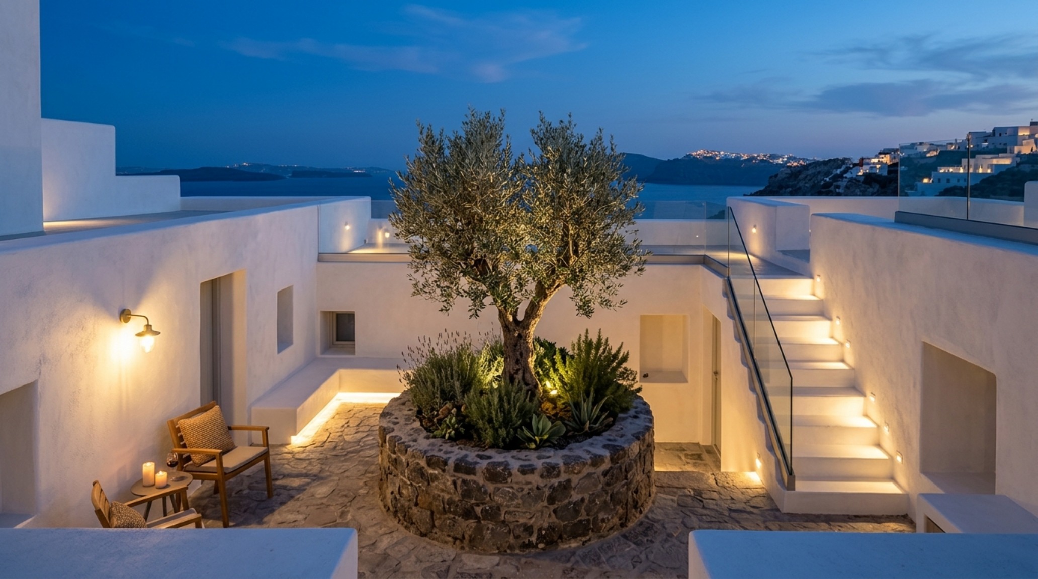 modern santorini home layouts with a focus on subterranean light wells and the integration of native flora in a sunken courtyard modern santorini home layouts with a focus on subterranean light wells and the integration of native flora in a sunken courtyard