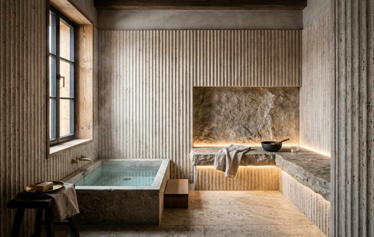 high-altitude wellness suites featuring a minimalist steam room with fluted travertine walls, integrated LED bench lighting, and an adjacent cold plunge pool.