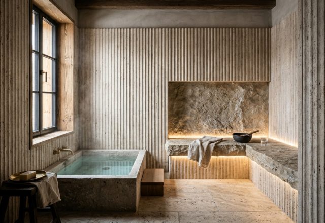 high-altitude wellness suites featuring a minimalist steam room with fluted travertine walls, integrated LED bench lighting, and an adjacent cold plunge pool.