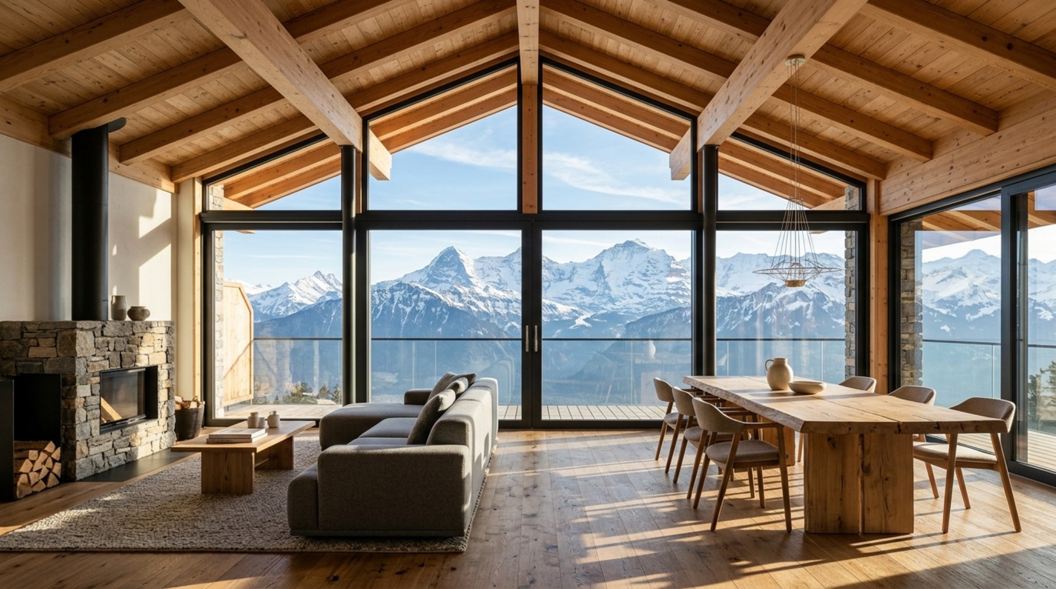modern alpine architecture showcasing a top-floor living area with vaulted larch wood ceilings, floor-to-ceiling windows, and panoramic views of the Swiss Alps.