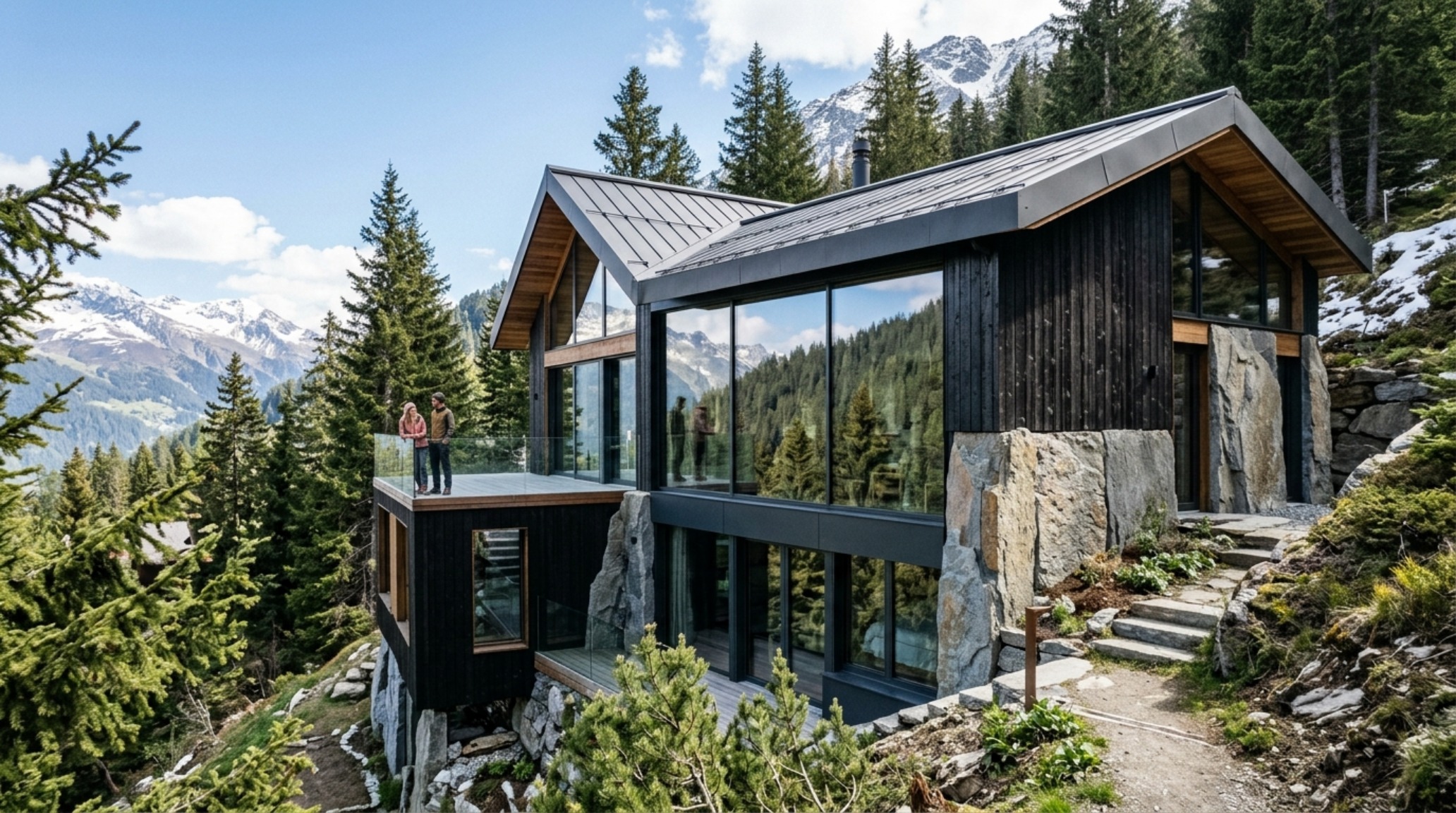 sustainable mountain homes emphasizing the use of triple-glazed floor-to-ceiling windows and local stone finishes to maximize thermal efficiency and mountain light.