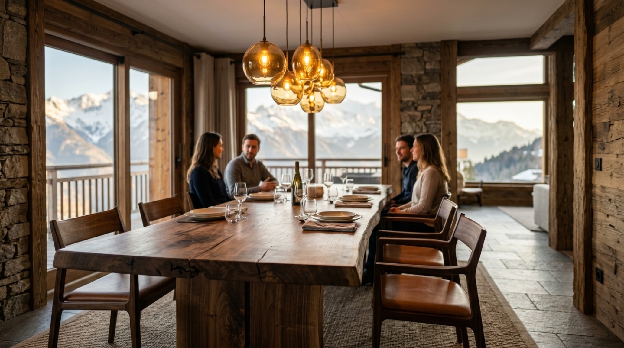 bespoke mountain furniture including a hand-carved walnut dining table with 30-inch clearance and sculptural 2700K glass pendant lighting.