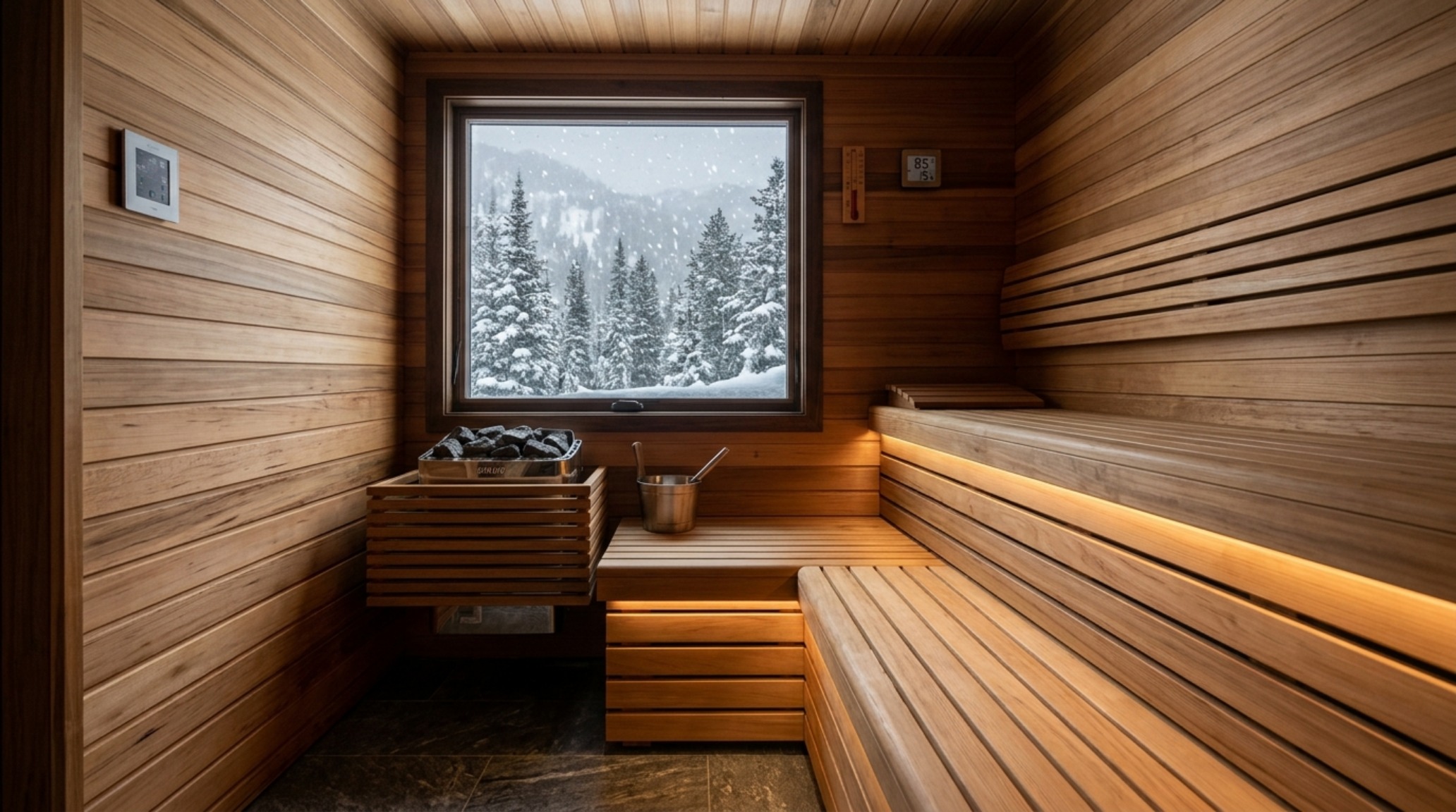 high-altitude wellness suites detail of an ice chamber with textured stone walls and a precise 105-degree reclined stone bench for post-ski recovery.