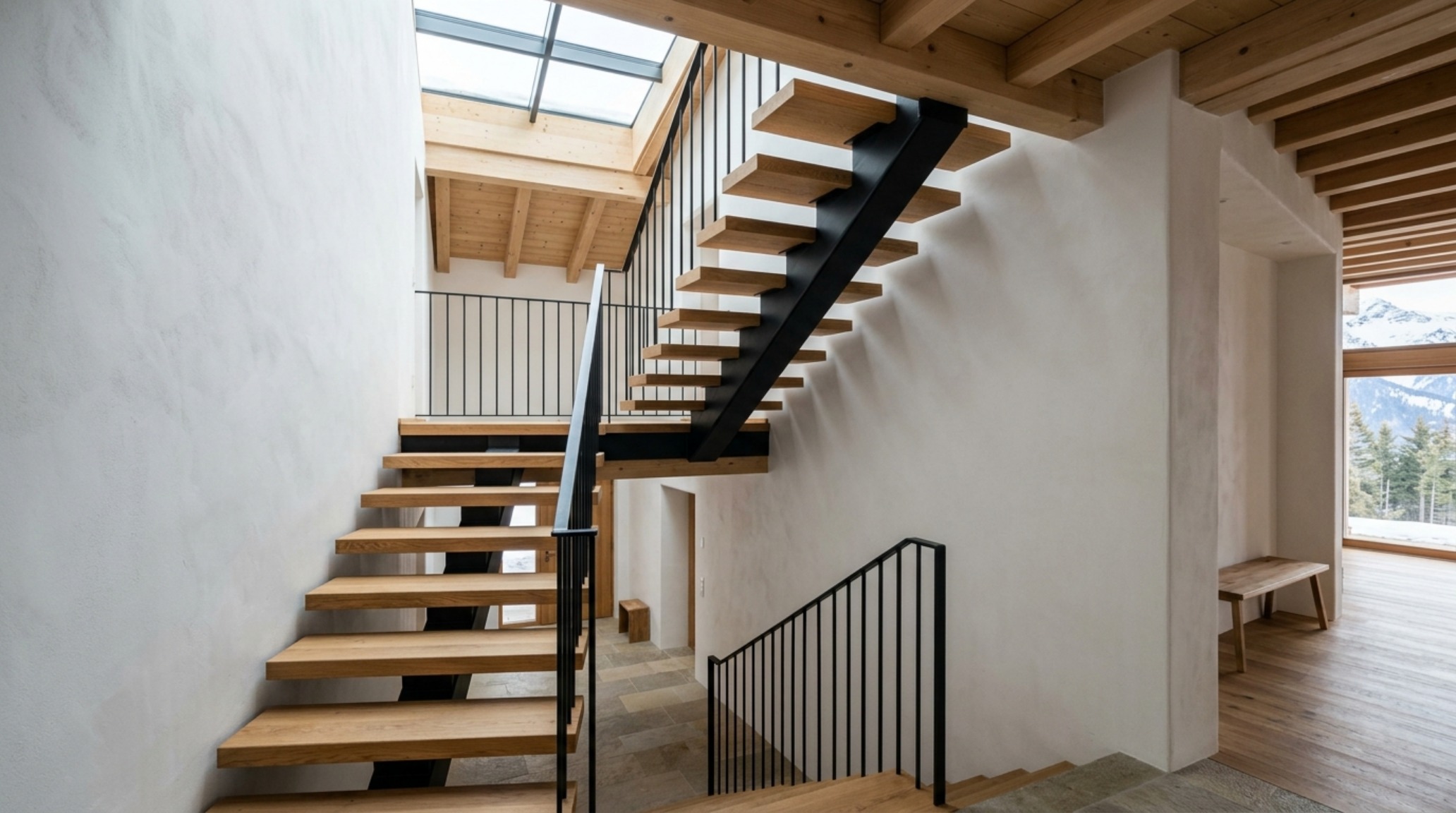 modern alpine architecture perspective of a floating steel and oak staircase connecting the lower sleeping quarters to the upper light-filled social zones.