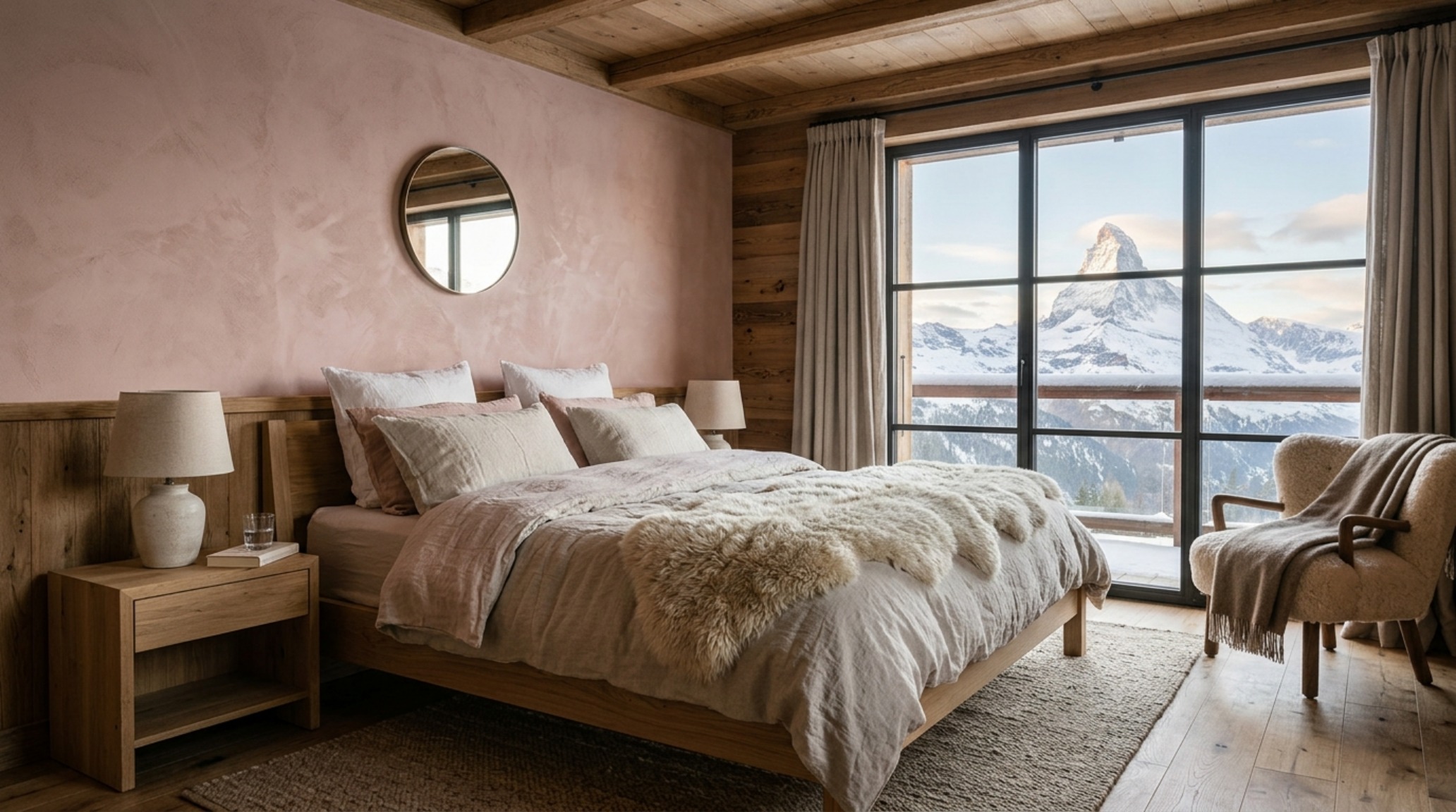 luxury ski chalet interiors vignette of a master bedroom with walls painted in Farrow & Ball Setting Plaster and soft shearling textures.