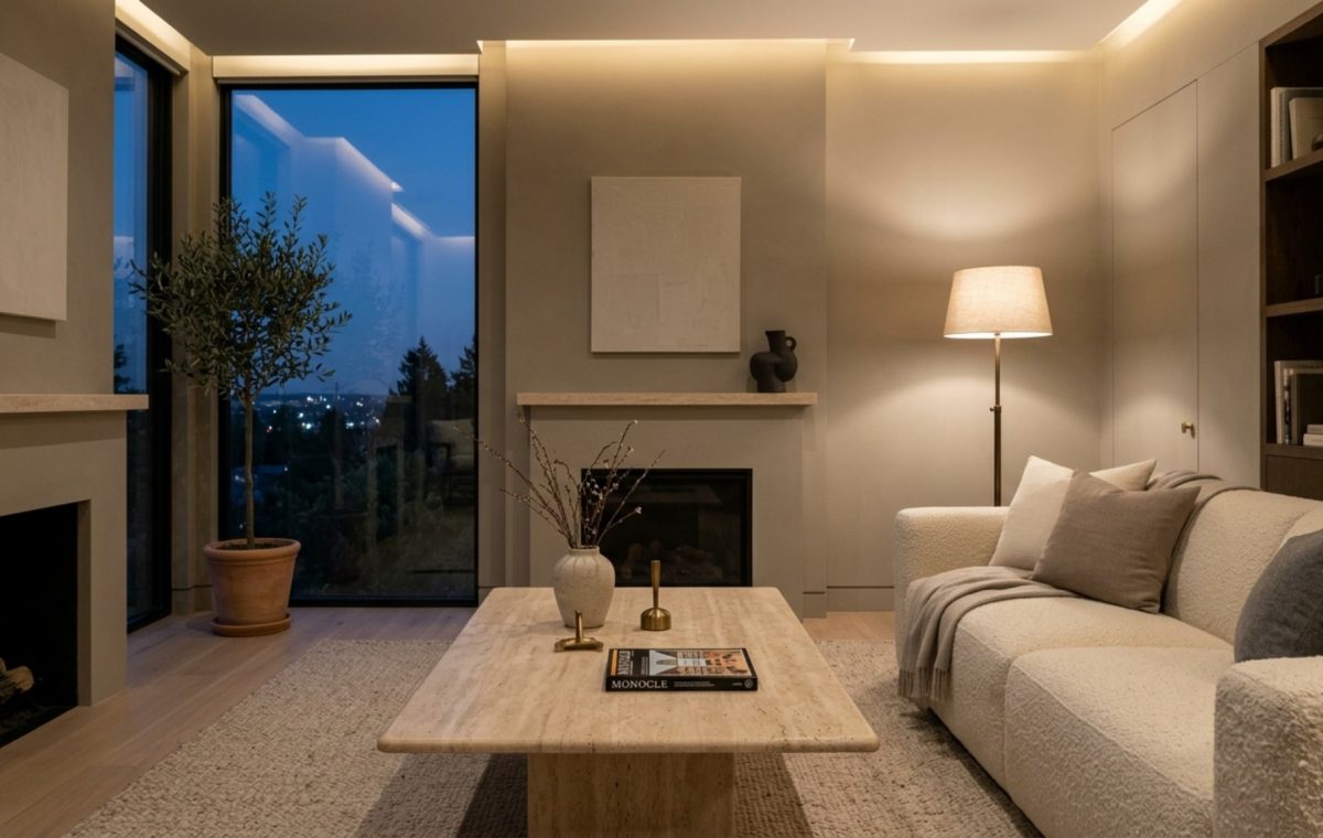 A custom-painted living room wall in a muted greige hue, illuminated by 2700K warm ambient lighting, featuring a honed travertine coffee table and soft bouclé armchair in an Organic Modern style.