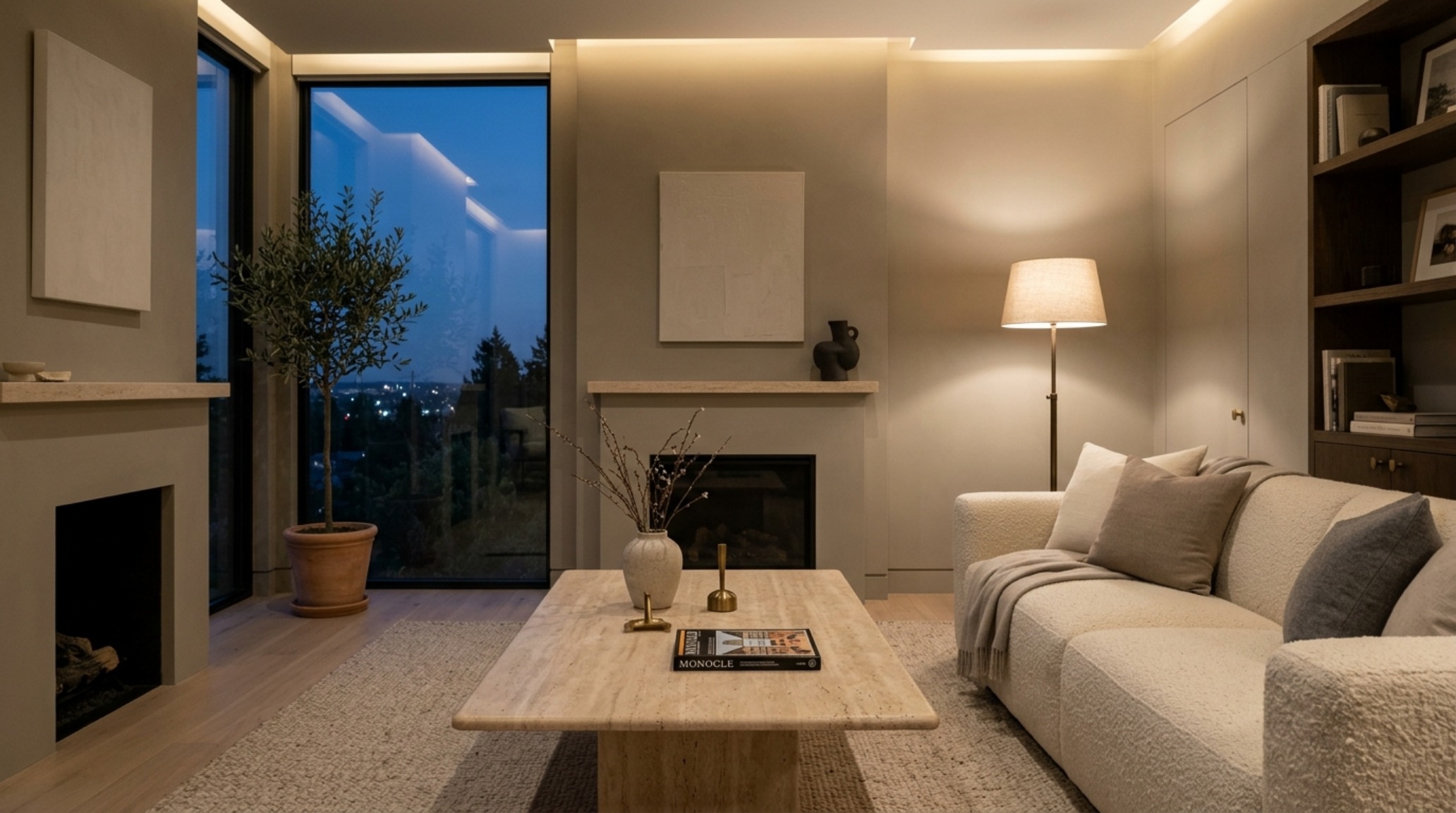 A custom-painted living room wall in a muted greige hue, illuminated by 2700K warm ambient lighting, featuring a honed travertine coffee table and soft bouclé armchair in an Organic Modern style. A custom-painted living room wall in a muted greige hue, illuminated by 2700K warm ambient lighting, featuring a honed travertine coffee table and soft bouclé armchair in an Organic Modern style.