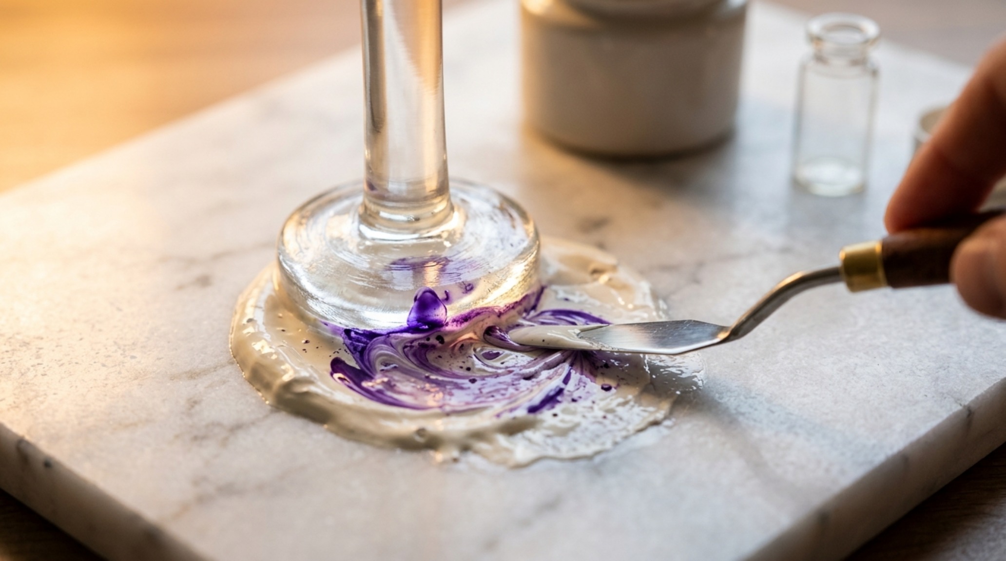 Close-up of a designer's hand using a glass muller to blend bespoke paint pigments on a marble palette, showcasing the 'Secret Third Color' technique for interior paint undertones. Close-up of a designer's hand using a glass muller to blend bespoke paint pigments on a marble palette, showcasing the 'Secret Third Color' technique for interior paint undertones.