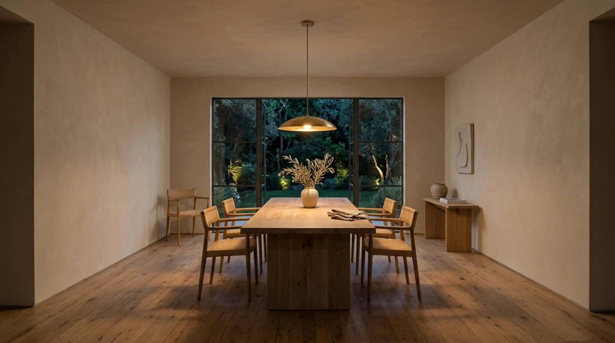 Spacious dining room with 30-inch chair clearance and custom color-drenched walls in a warm stone finish, illustrating architectural spatial cadence and quiet luxury. Spacious dining room with 30-inch chair clearance and custom color-drenched walls in a warm stone finish, illustrating architectural spatial cadence and quiet luxury.