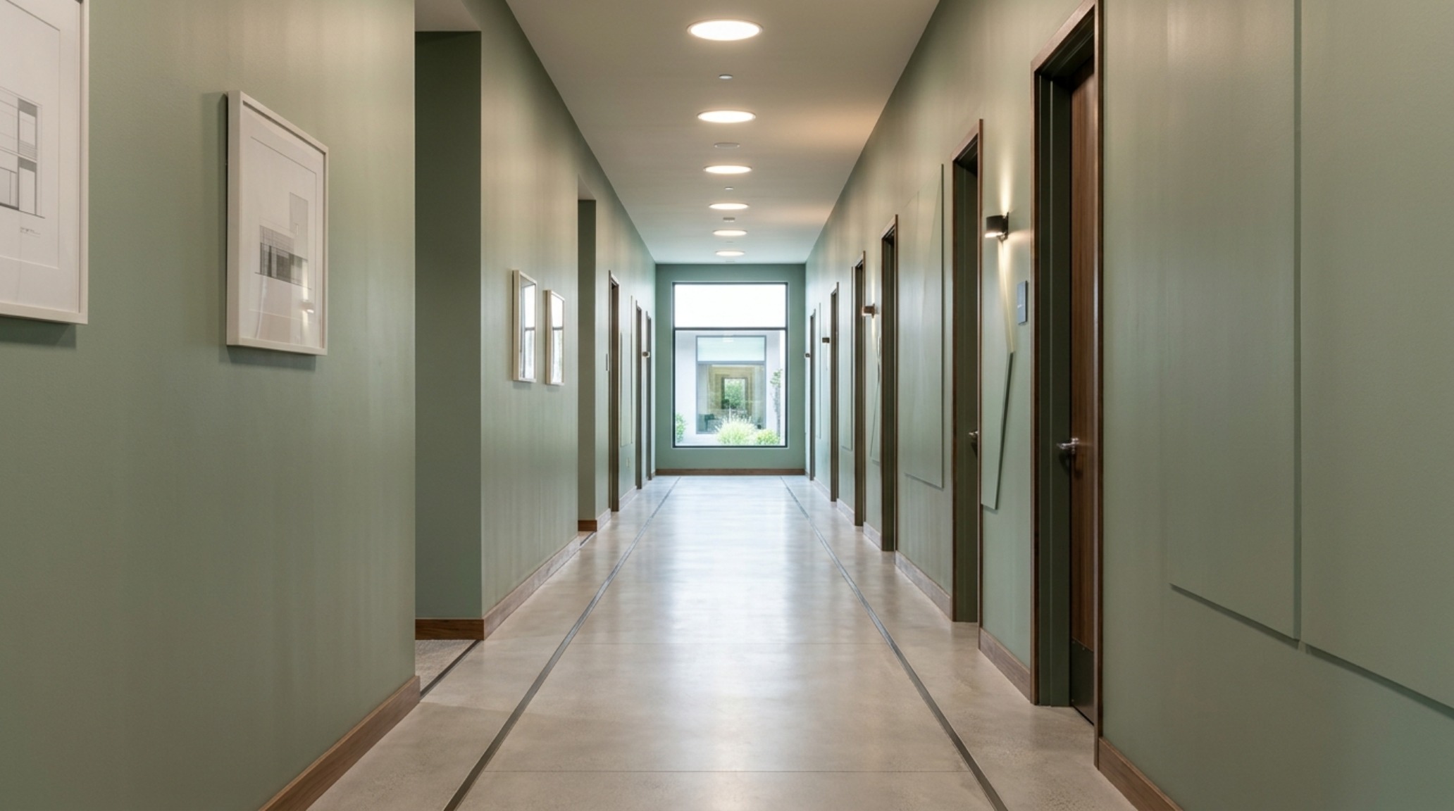 A minimalist hallway with 36-inch walkway clearance, featuring walls painted in a custom-mixed atmospheric hue that perfectly balances 2700K LED recessed lighting. A minimalist hallway with 36-inch walkway clearance, featuring walls painted in a custom-mixed atmospheric hue that perfectly balances 2700K LED recessed lighting.