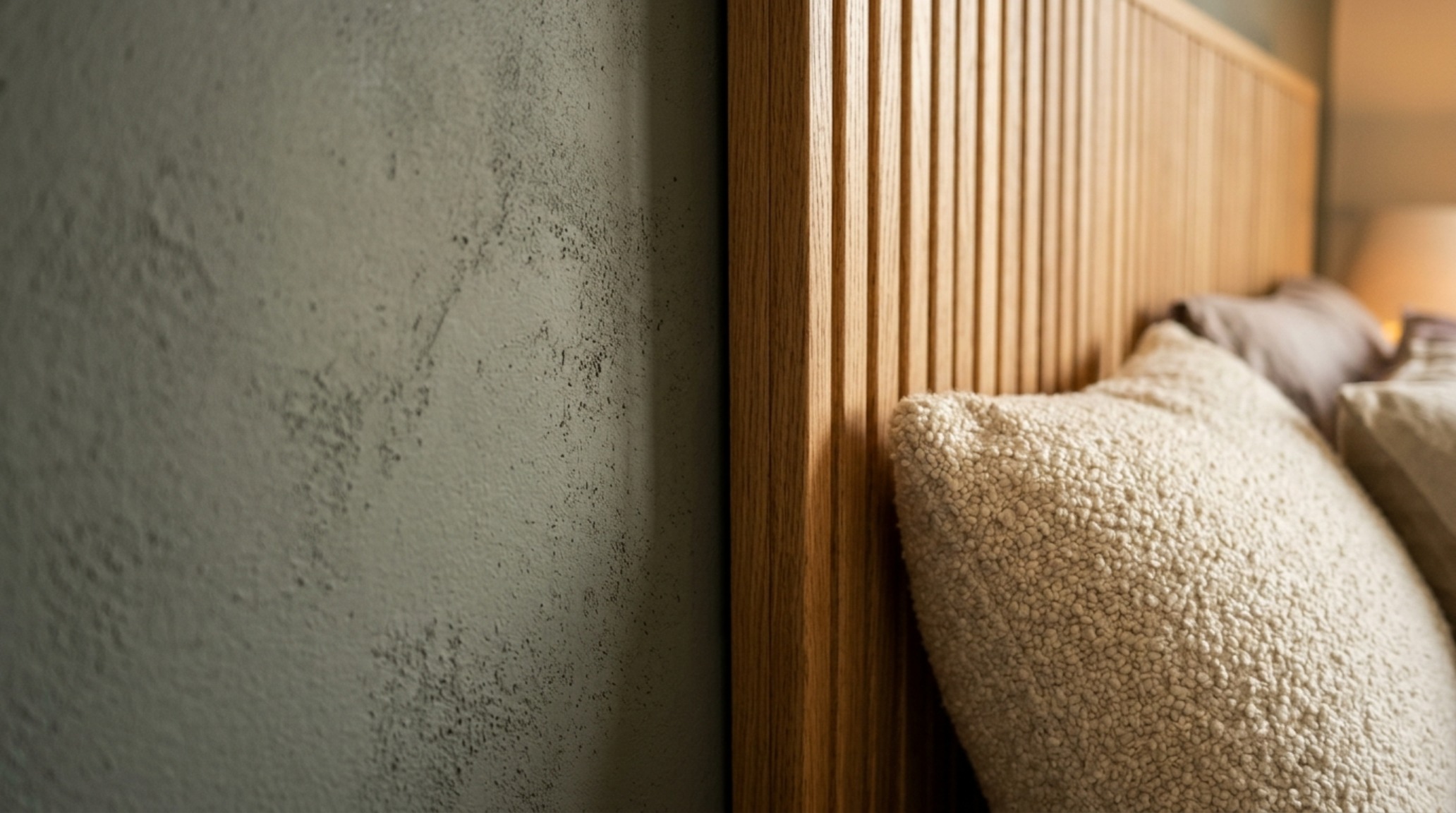 Bedroom detail showing the intersection of fluted white oak cabinetry and a velvety custom-painted wall, highlighting the tactile grounding of organic modern materials. Bedroom detail showing the intersection of fluted white oak cabinetry and a velvety custom-painted wall, highlighting the tactile grounding of organic modern materials.