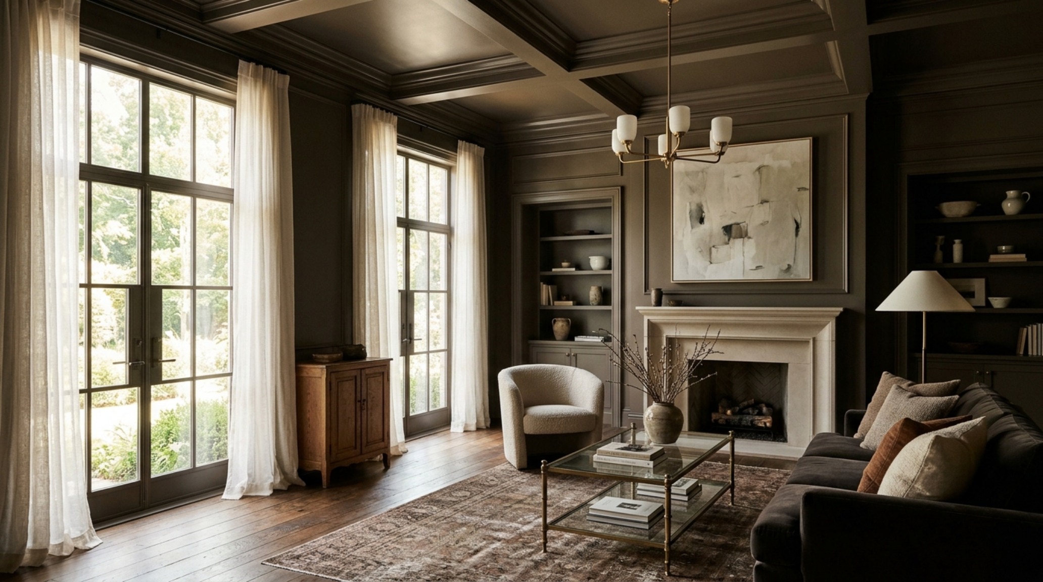 Architectural view of a living space where custom paint color drenching techniques create a seamless transition between the ceiling and walls under soft 2700K lighting. Architectural view of a living space where custom paint color drenching techniques create a seamless transition between the ceiling and walls under soft 2700K lighting.
