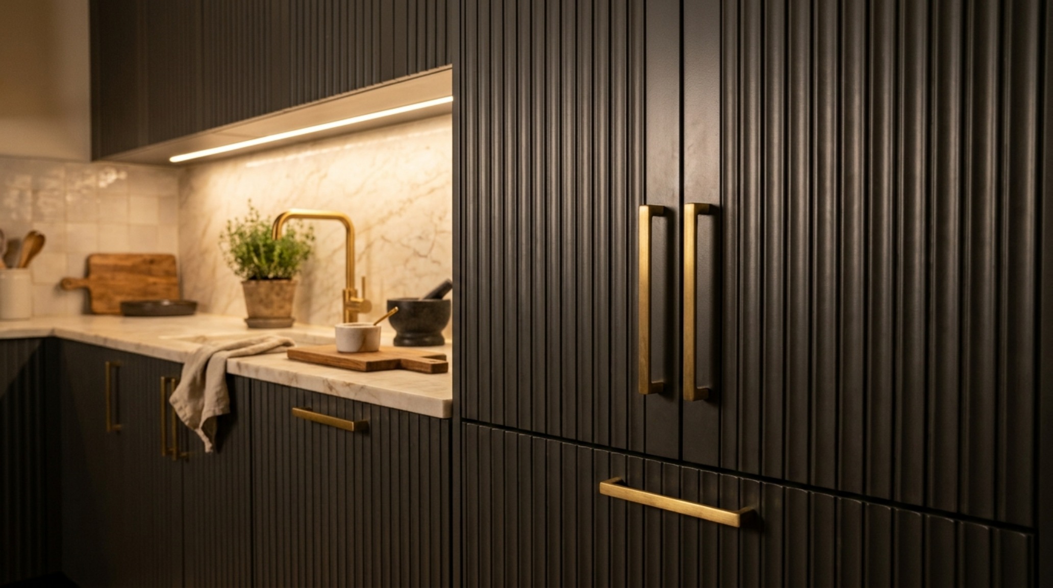 Close-up of brushed brass hardware against a dark, moody custom-painted cabinet, part of a color drenching trend in a modern luxury kitchen. Close-up of brushed brass hardware against a dark, moody custom-painted cabinet, part of a color drenching trend in a modern luxury kitchen.
