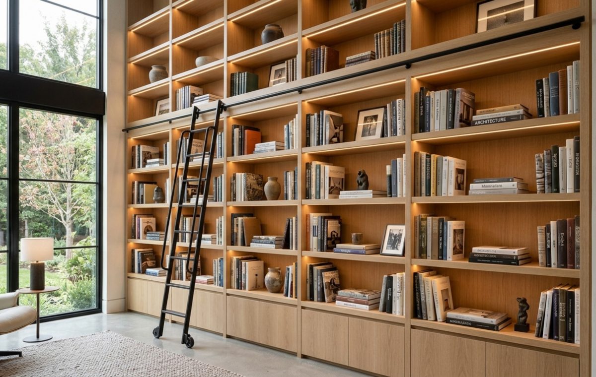 Modern book shelving ideas featuring floor-to-ceiling rift-sawn white oak millwork with integrated warm LED lighting and a library ladder.