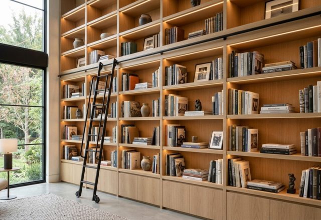 Modern book shelving ideas featuring floor-to-ceiling rift-sawn white oak millwork with integrated warm LED lighting and a library ladder.