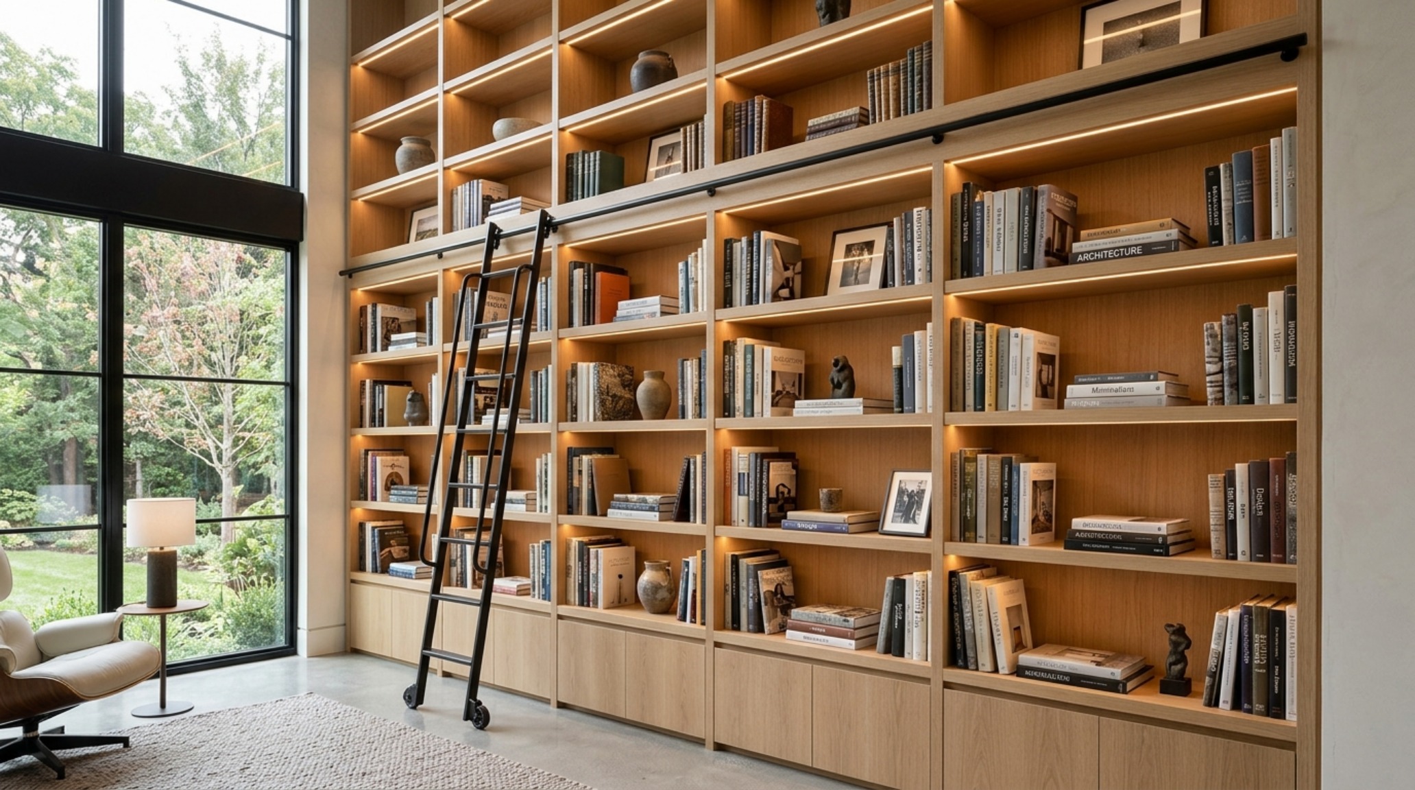 Modern book shelving ideas featuring floor-to-ceiling rift-sawn white oak millwork with integrated warm LED lighting and a library ladder. Modern book shelving ideas featuring floor-to-ceiling rift-sawn white oak millwork with integrated warm LED lighting and a library ladder.
