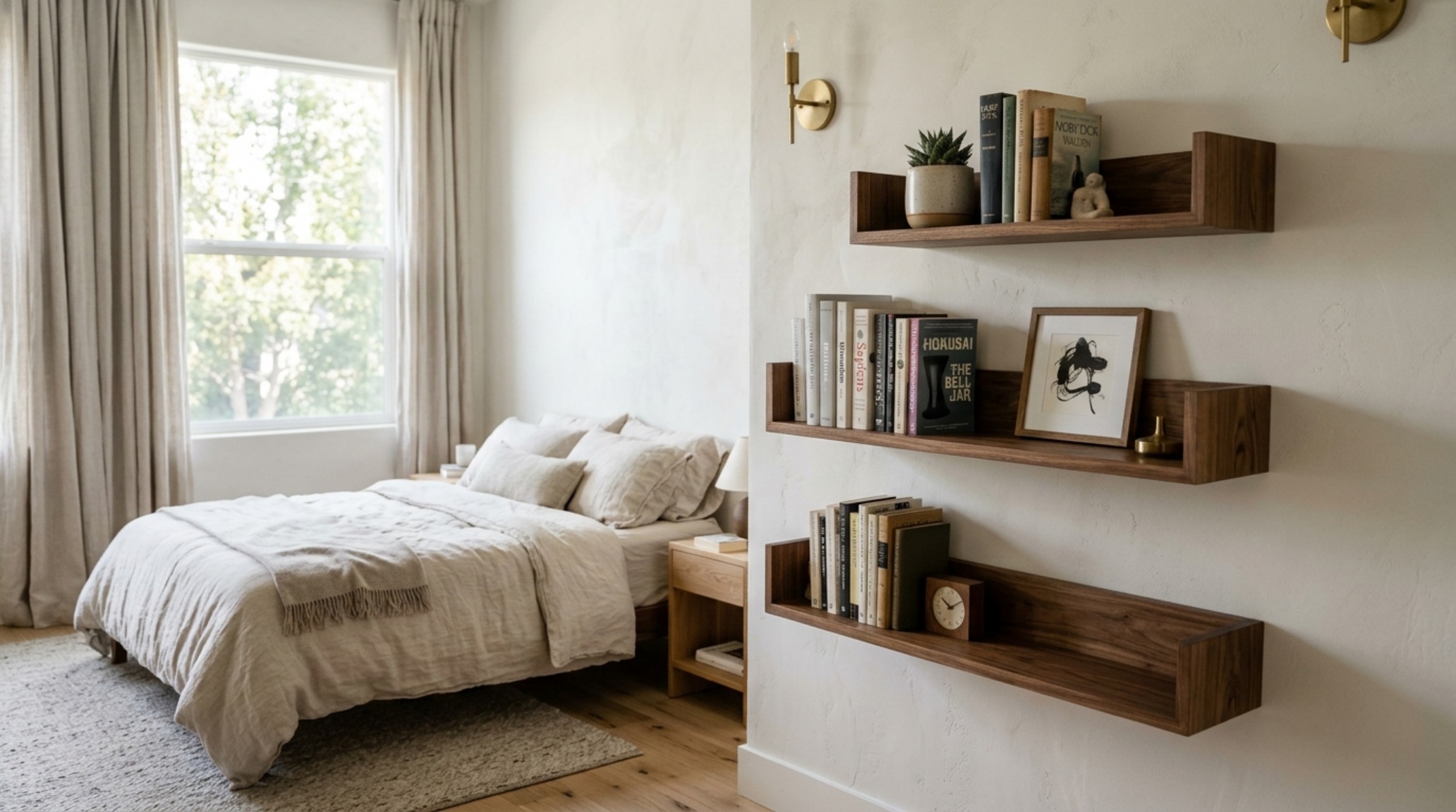 Small space book shelving crafted from floating walnut planks to maintain clear floor sightlines and a feeling of openness in a compact room. Small space book shelving crafted from floating walnut planks to maintain clear floor sightlines and a feeling of openness in a compact room.