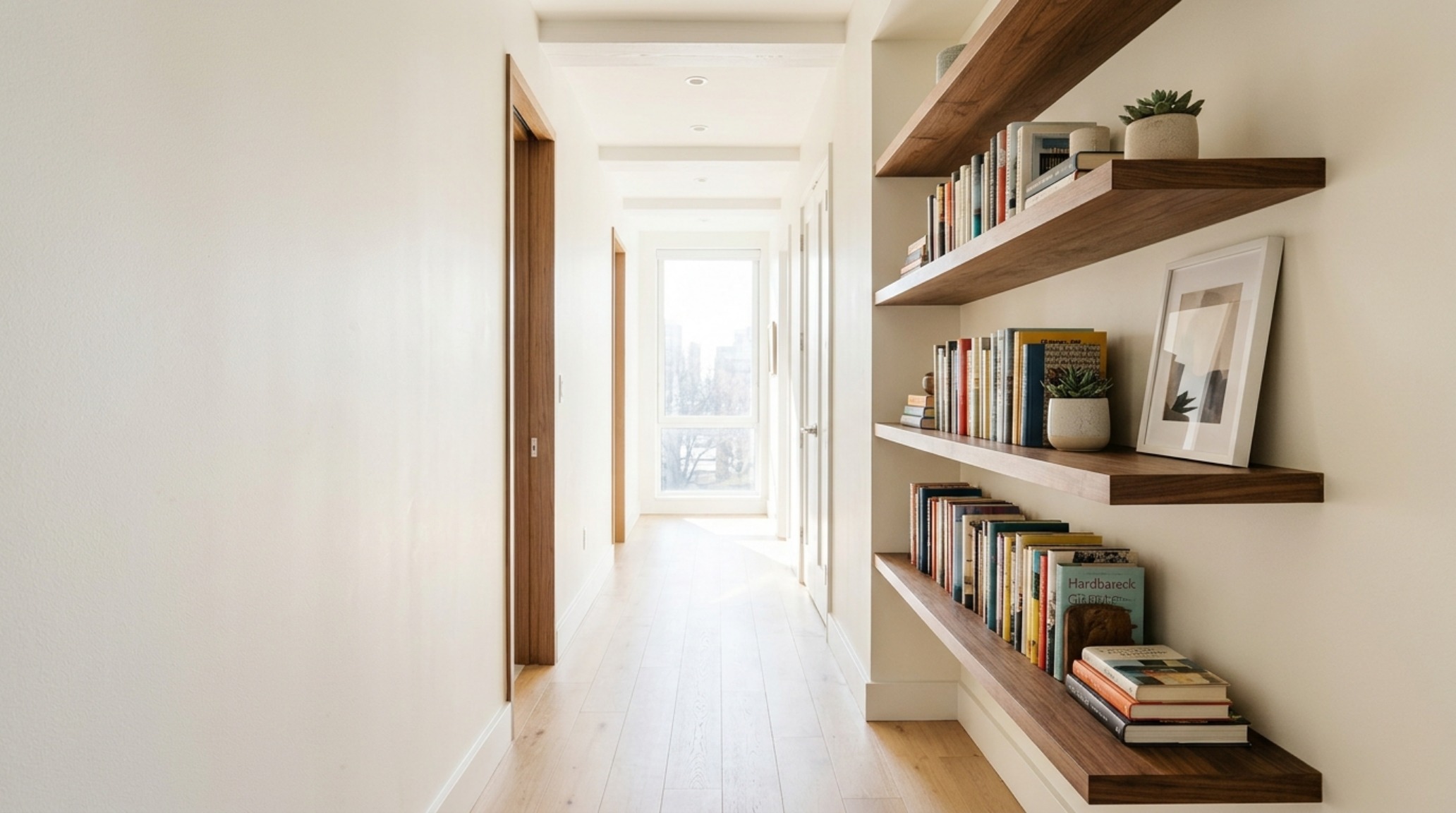 Small space book shelving utilizing vertical wall planes in a narrow apartment corridor to maximize storage without sacrificing walkway clearance. Small space book shelving utilizing vertical wall planes in a narrow apartment corridor to maximize storage without sacrificing walkway clearance.