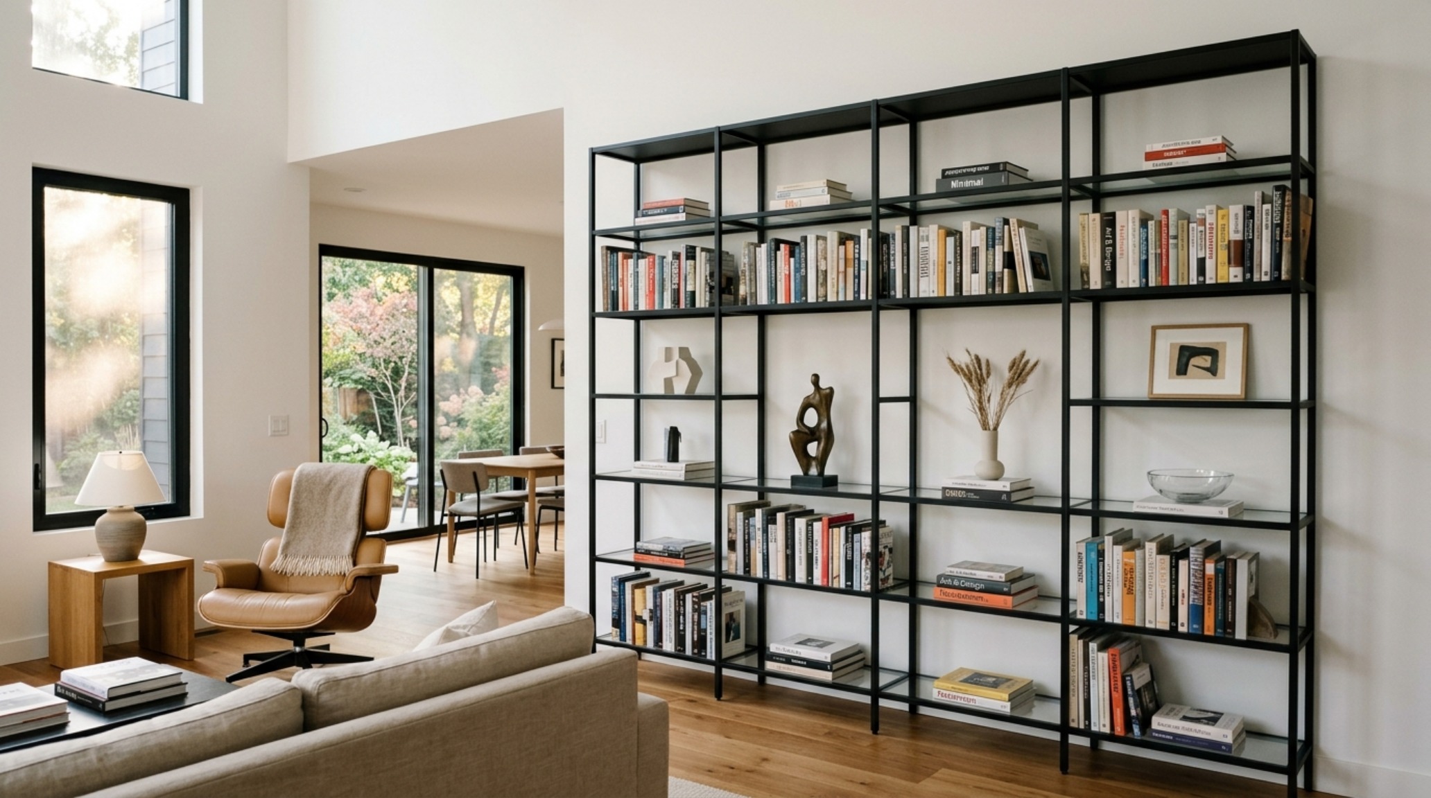 Modern book shelving ideas in a minimalist studio apartment featuring a modular black metal frame system and airy open-shelf styling. Modern book shelving ideas in a minimalist studio apartment featuring a modular black metal frame system and airy open-shelf styling.