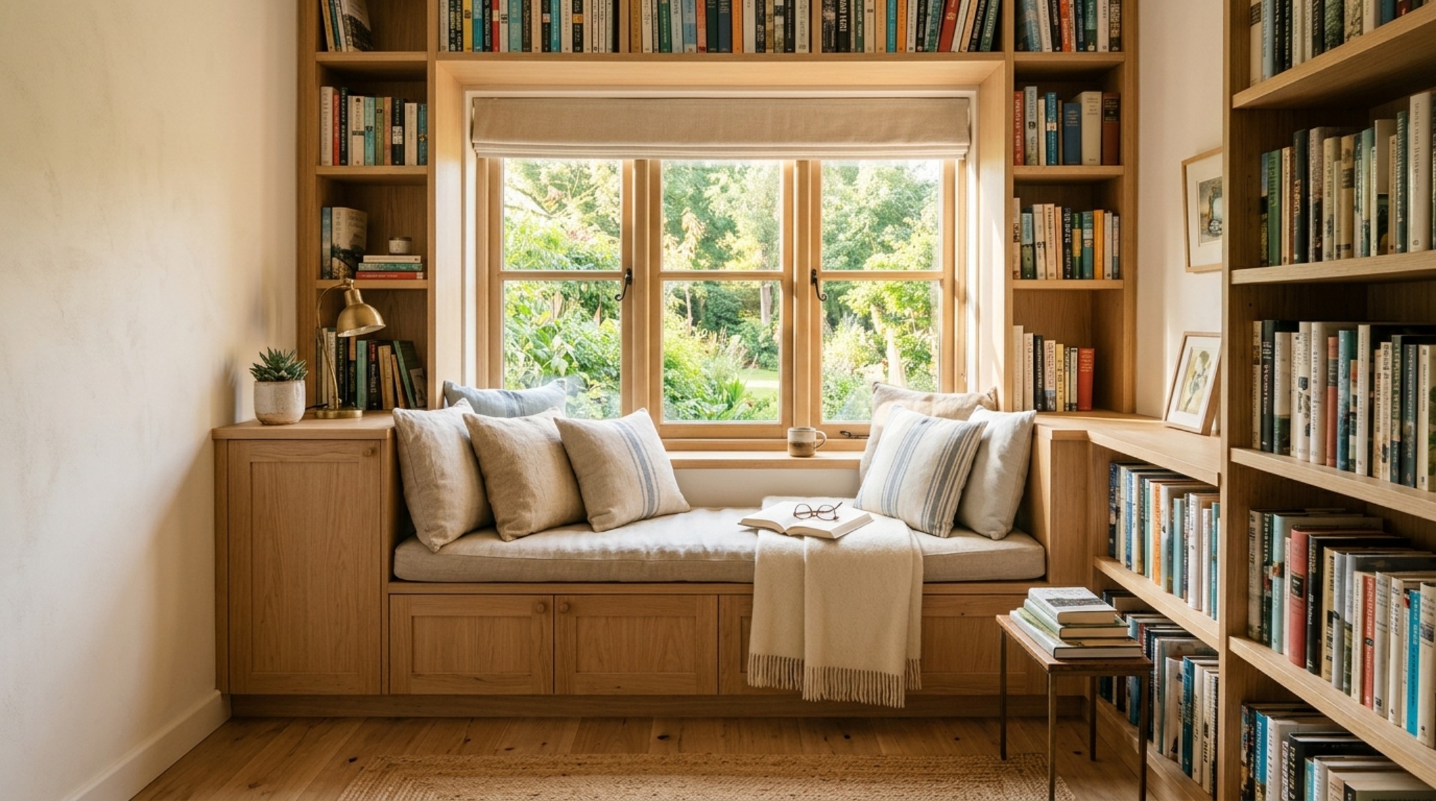 Small space book shelving integrated into a window nook with a built-in bench and slim 10-inch deep shelves for a cozy reading corner. Small space book shelving integrated into a window nook with a built-in bench and slim 10-inch deep shelves for a cozy reading corner.